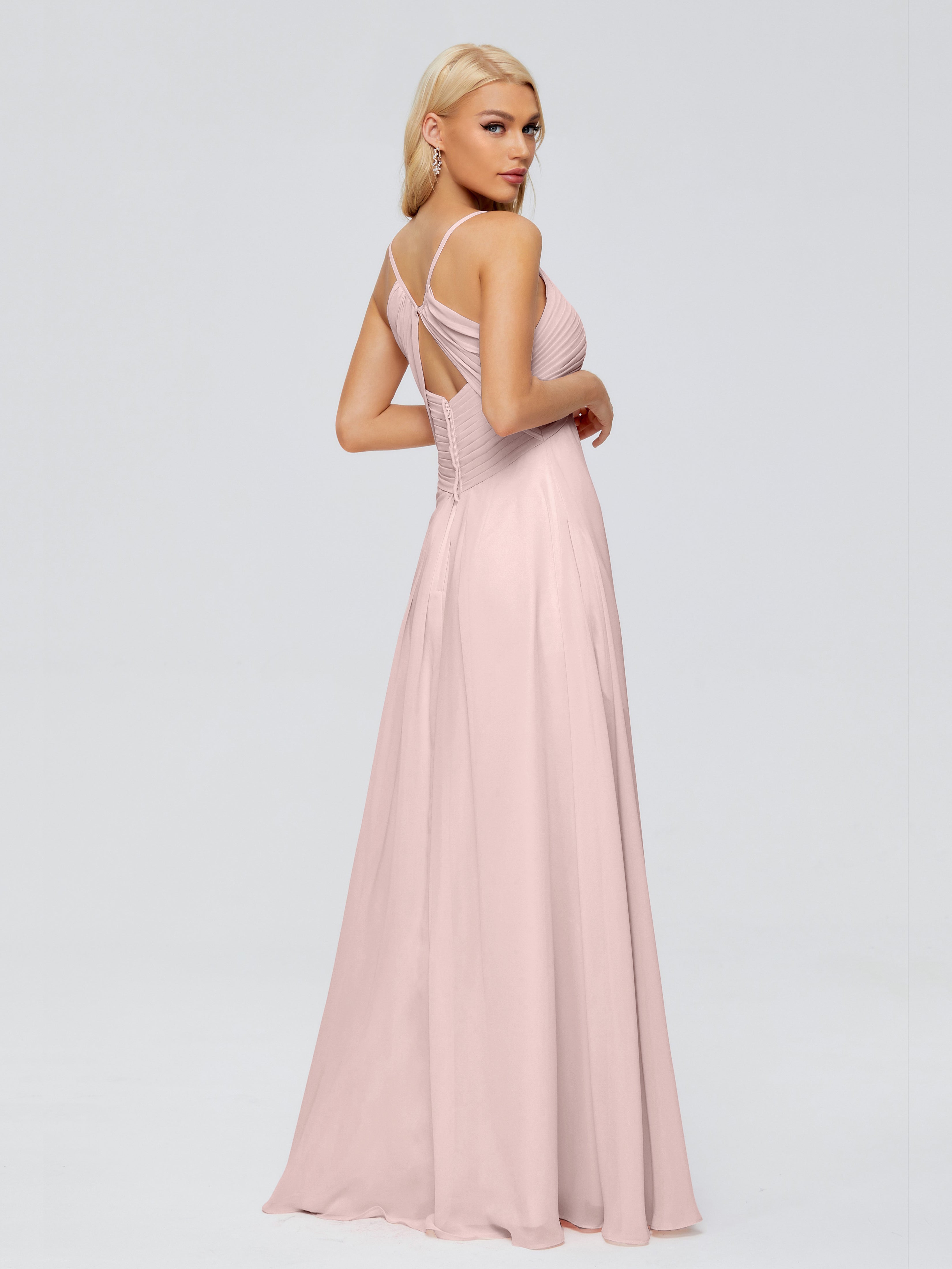 Robe Rose Poudre Demoiselle D Honneur Trapèze Bretelles Spaghetti Mousseline Robes Demoiselle D'Honneur