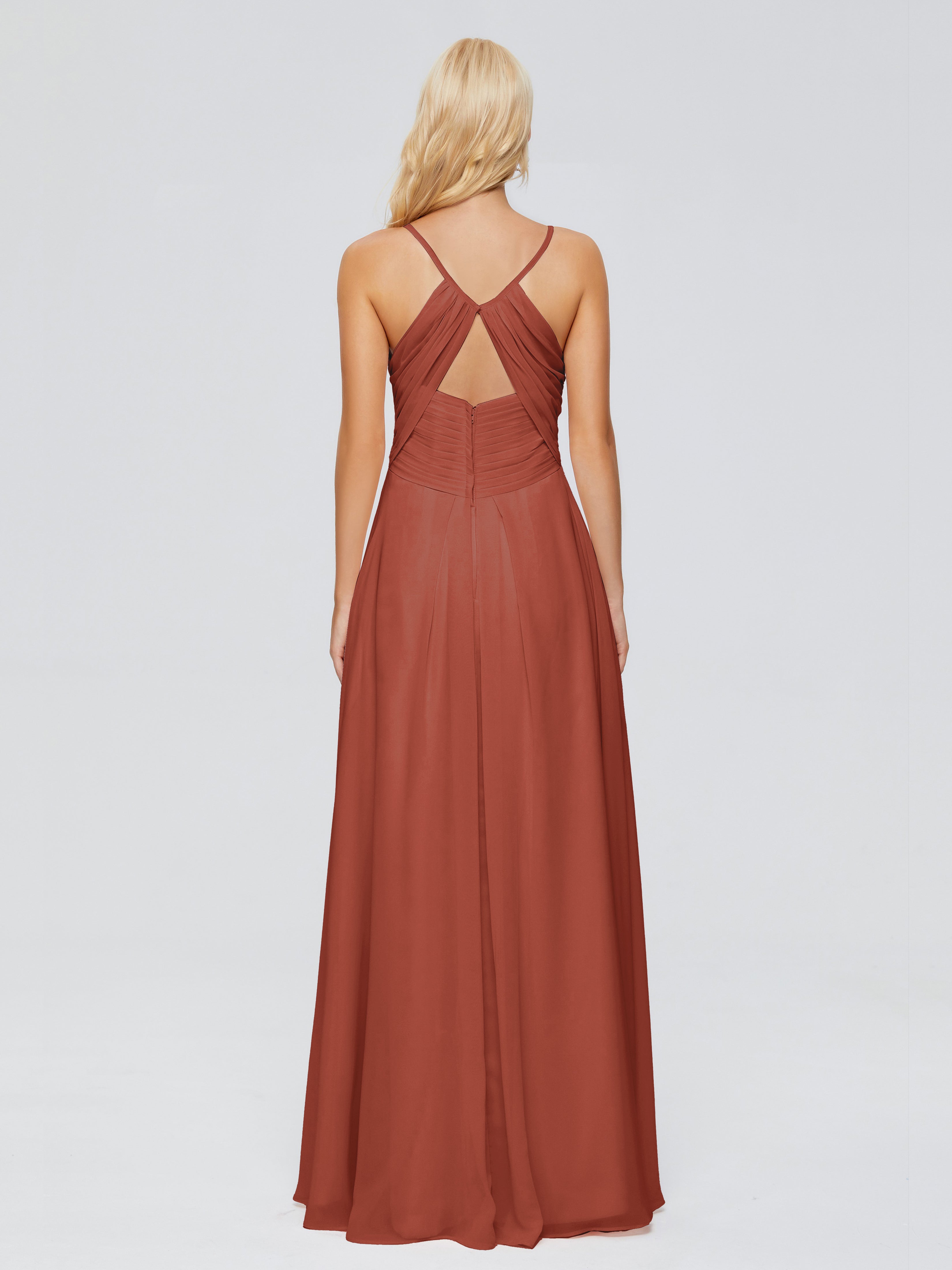 Robe De Demoiselle D'Honneur De Rouille Au Sol Trapèze Bretelles Spaghetti Mousseline Robes Demoiselle D'Honneur