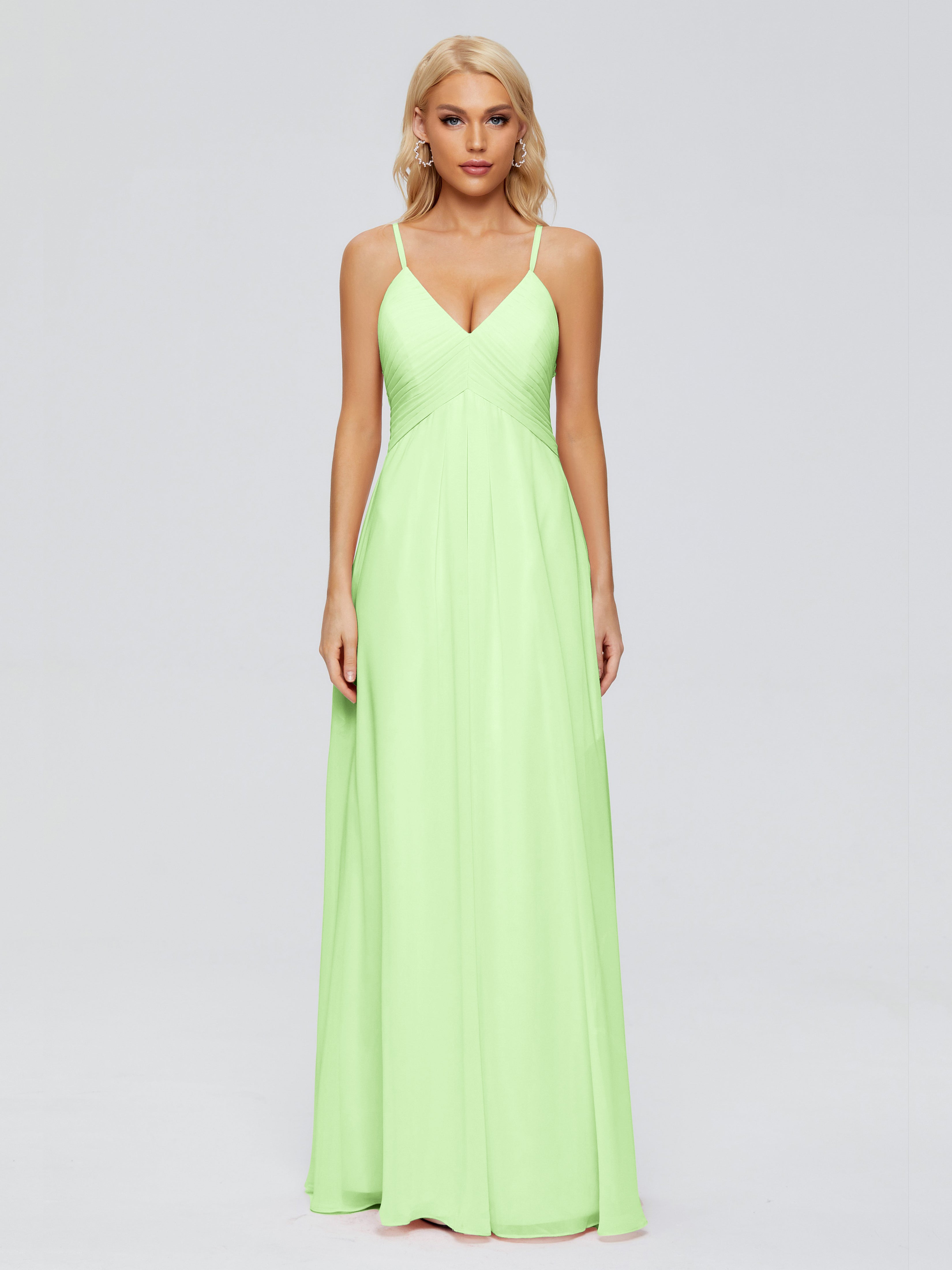 Robe Vert Sauge Demoiselle D Honneur Trapèze Bretelles Spaghetti Mousseline Robes Demoiselle D'Honneur