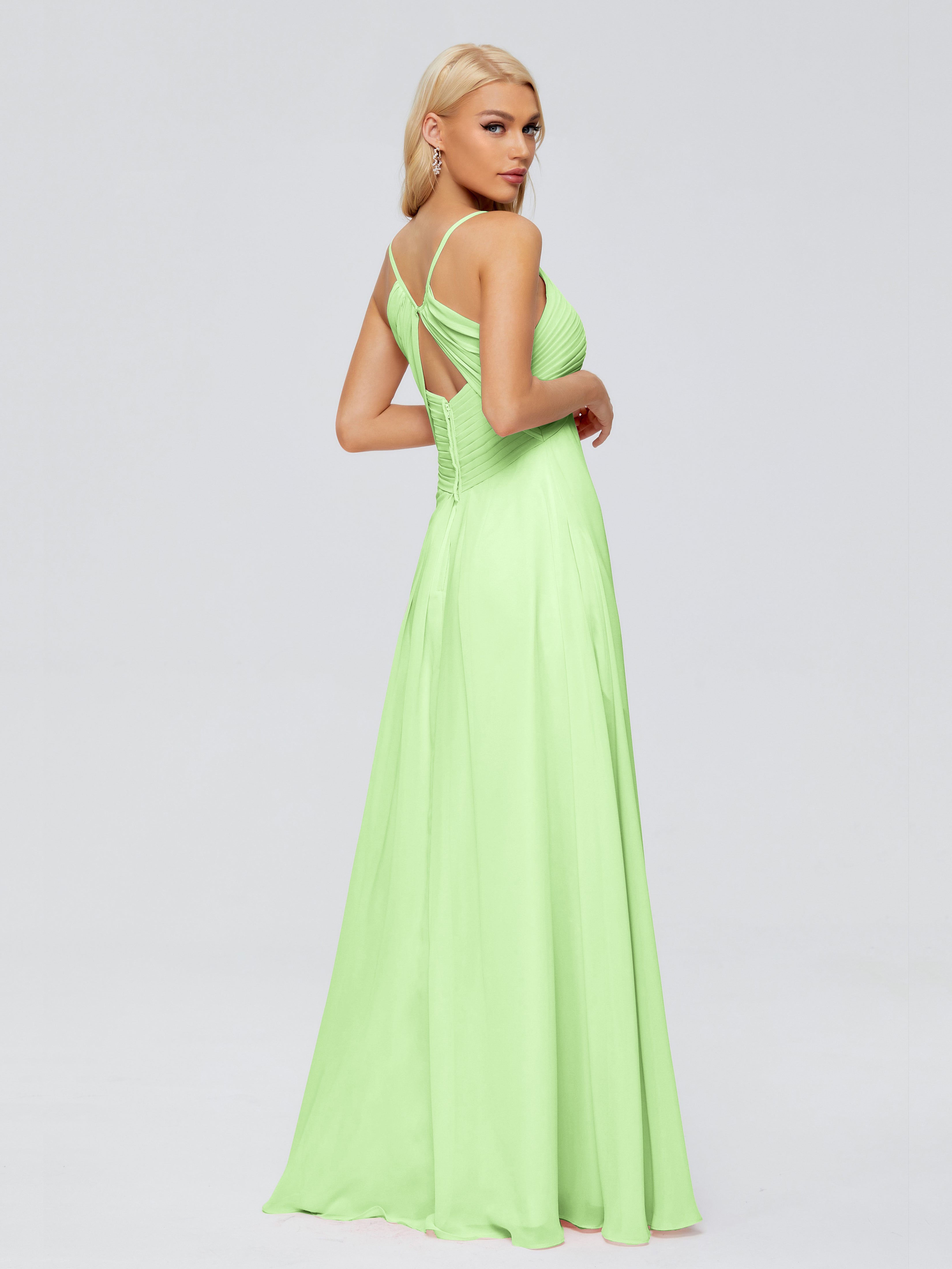 Robe Vert Sauge Demoiselle D Honneur Trapèze Bretelles Spaghetti Mousseline Robes Demoiselle D'Honneur