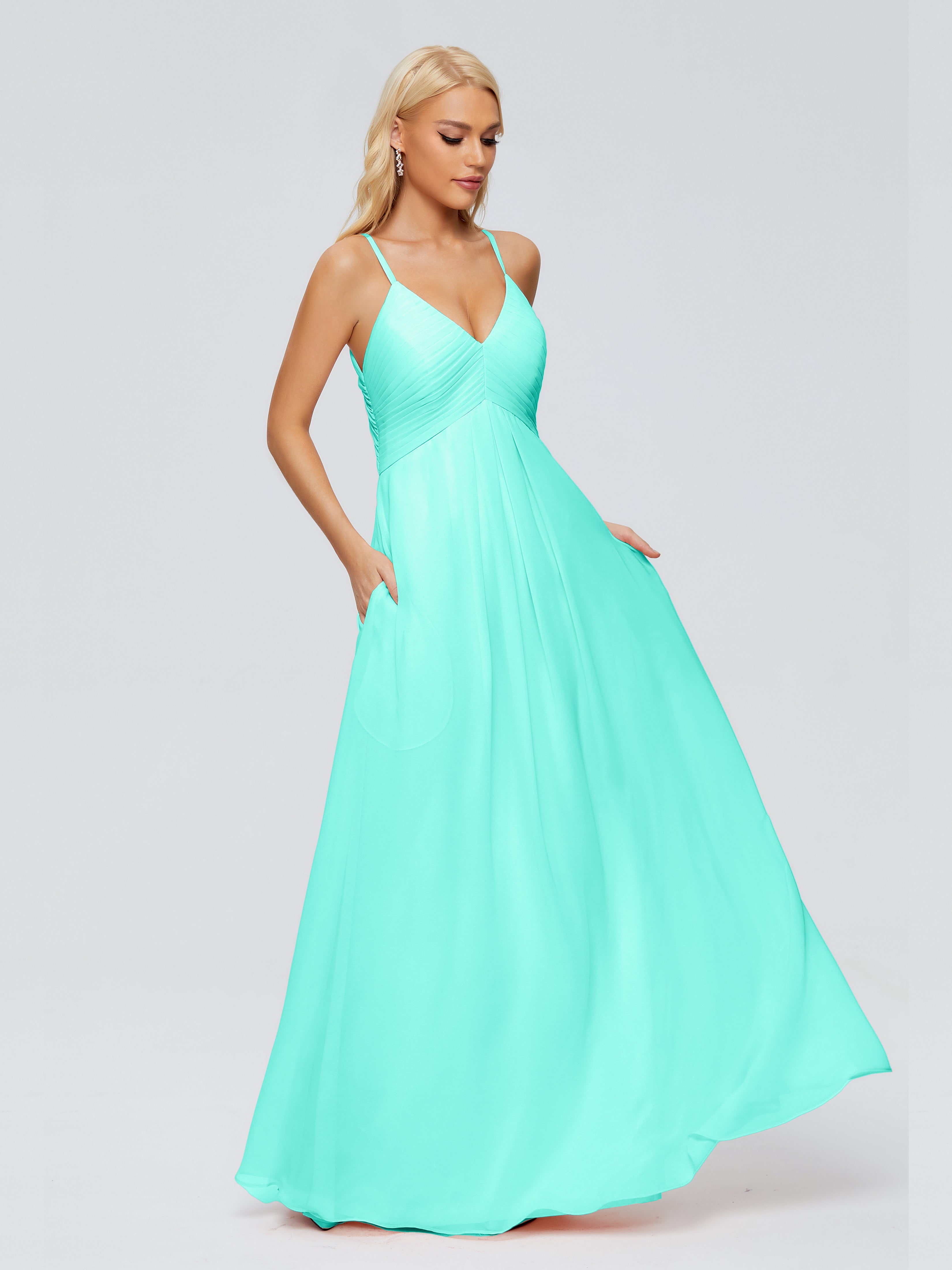 Robes De Demoiselle D'Honneur Spa Trapèze Col V Bretelles Spaghetti Mousseline Robes Demoiselle D'Honneur