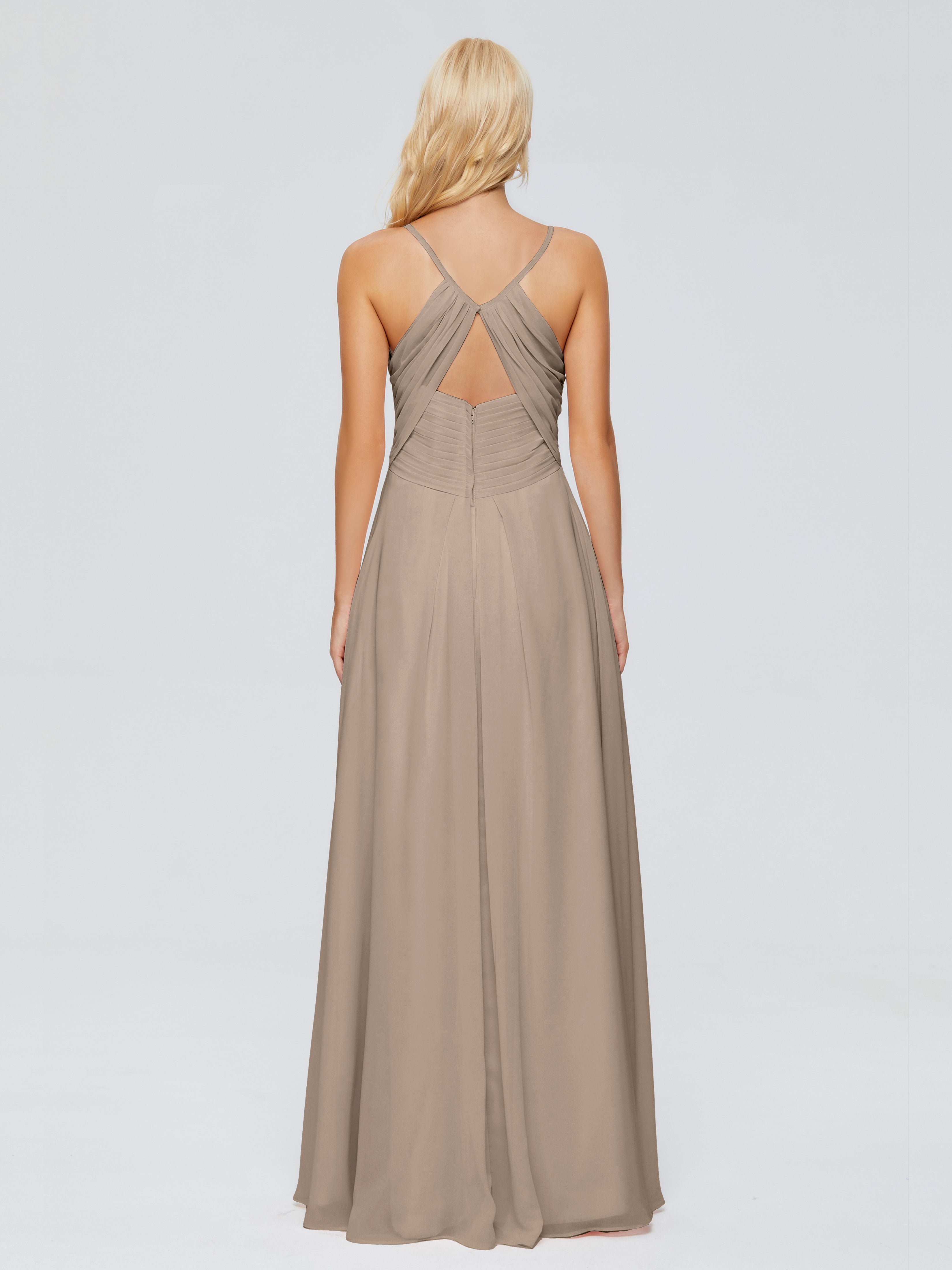 Robe Demoiselle D Honneur Taupe Trapèze Bretelles Spaghetti Mousseline Robes Demoiselle D'Honneur