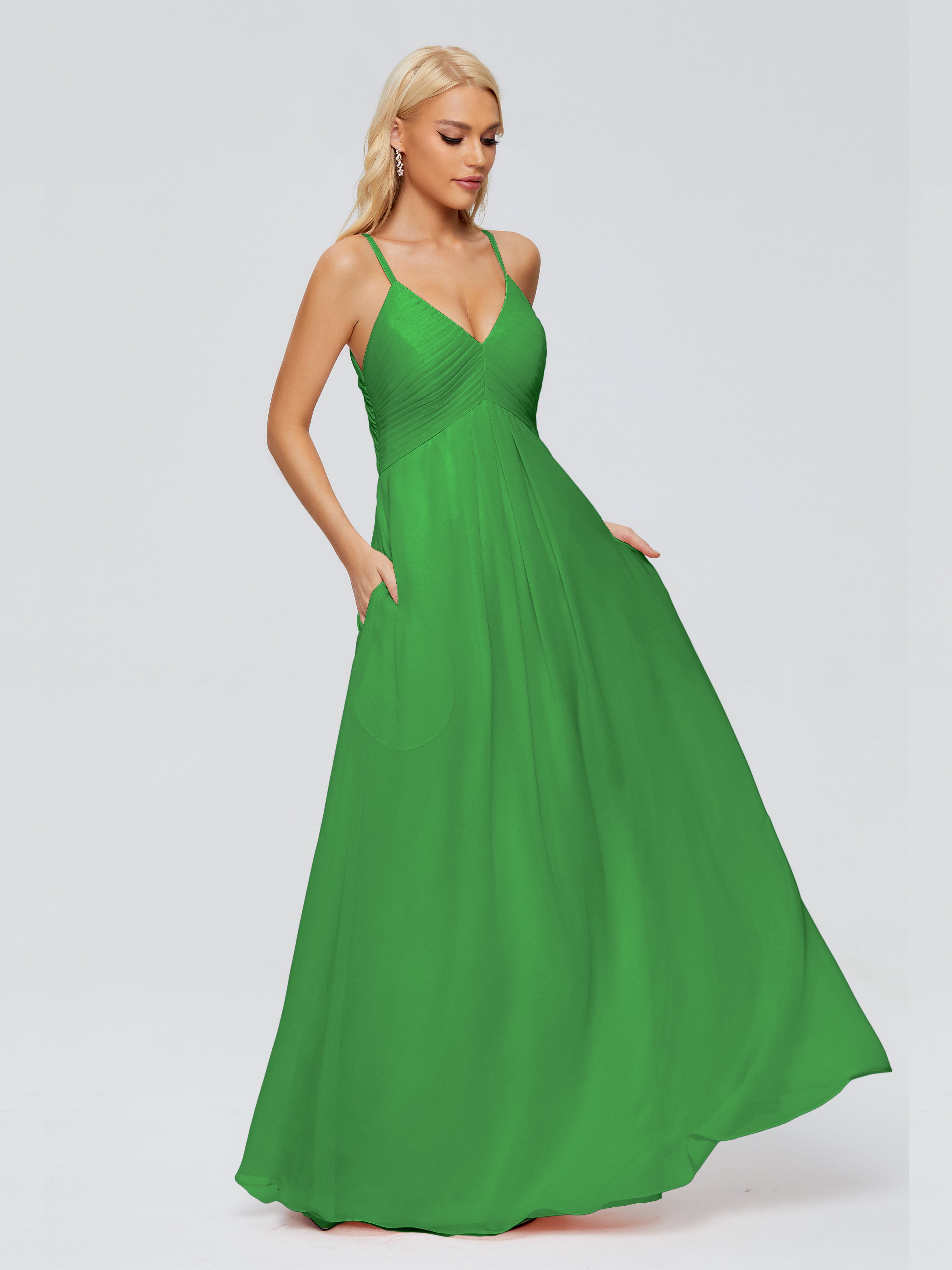 Robes De Demoiselle D'Honneur Vert Pin Trapèze Bretelles Spaghetti Mousseline Robes Demoiselle D'Honneur