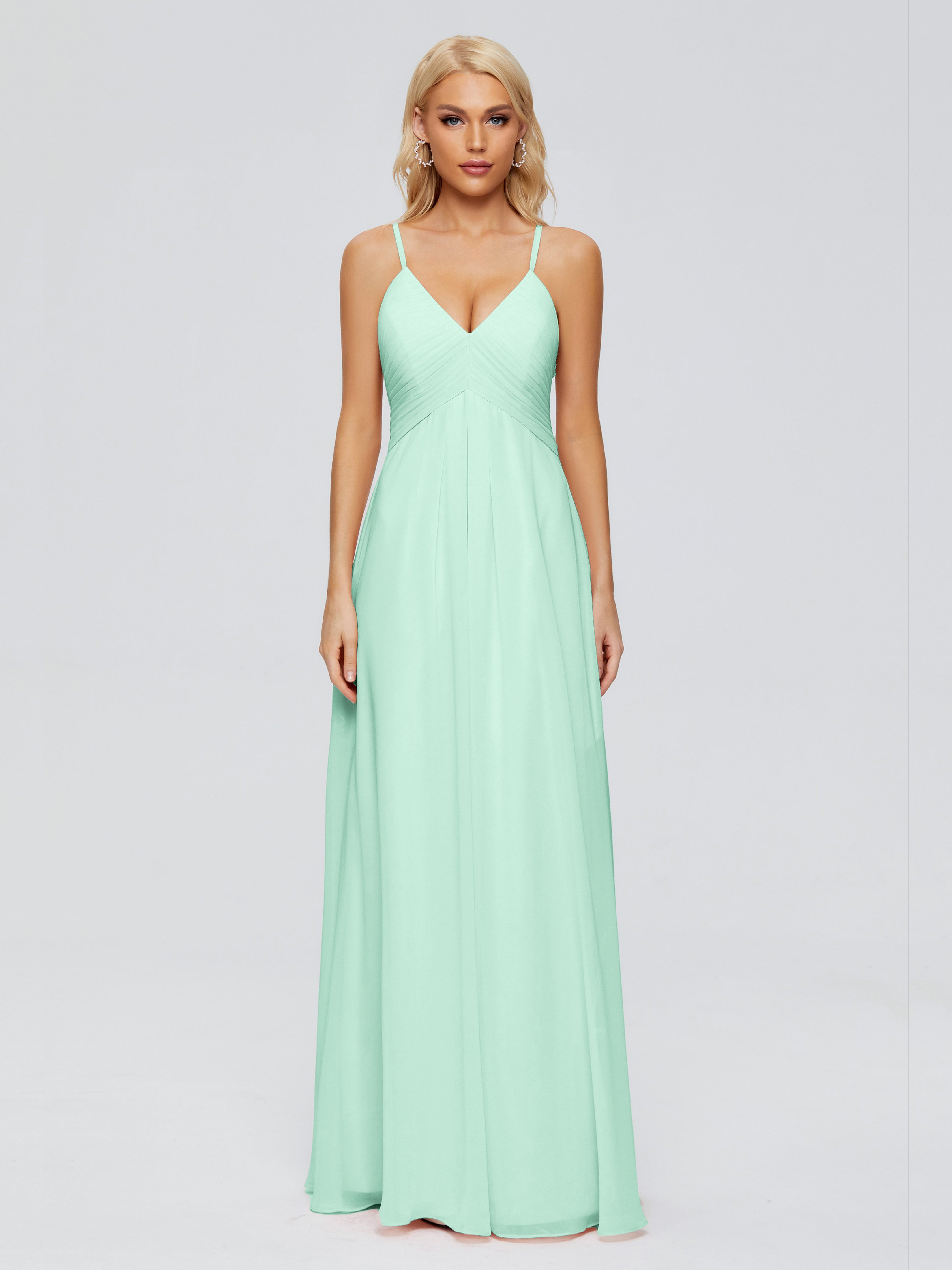 Robe Vert Menthe Demoiselle D Honneur Trapèze Col V Bretelles Spaghetti Mousseline Robes Demoiselle D'Honneur