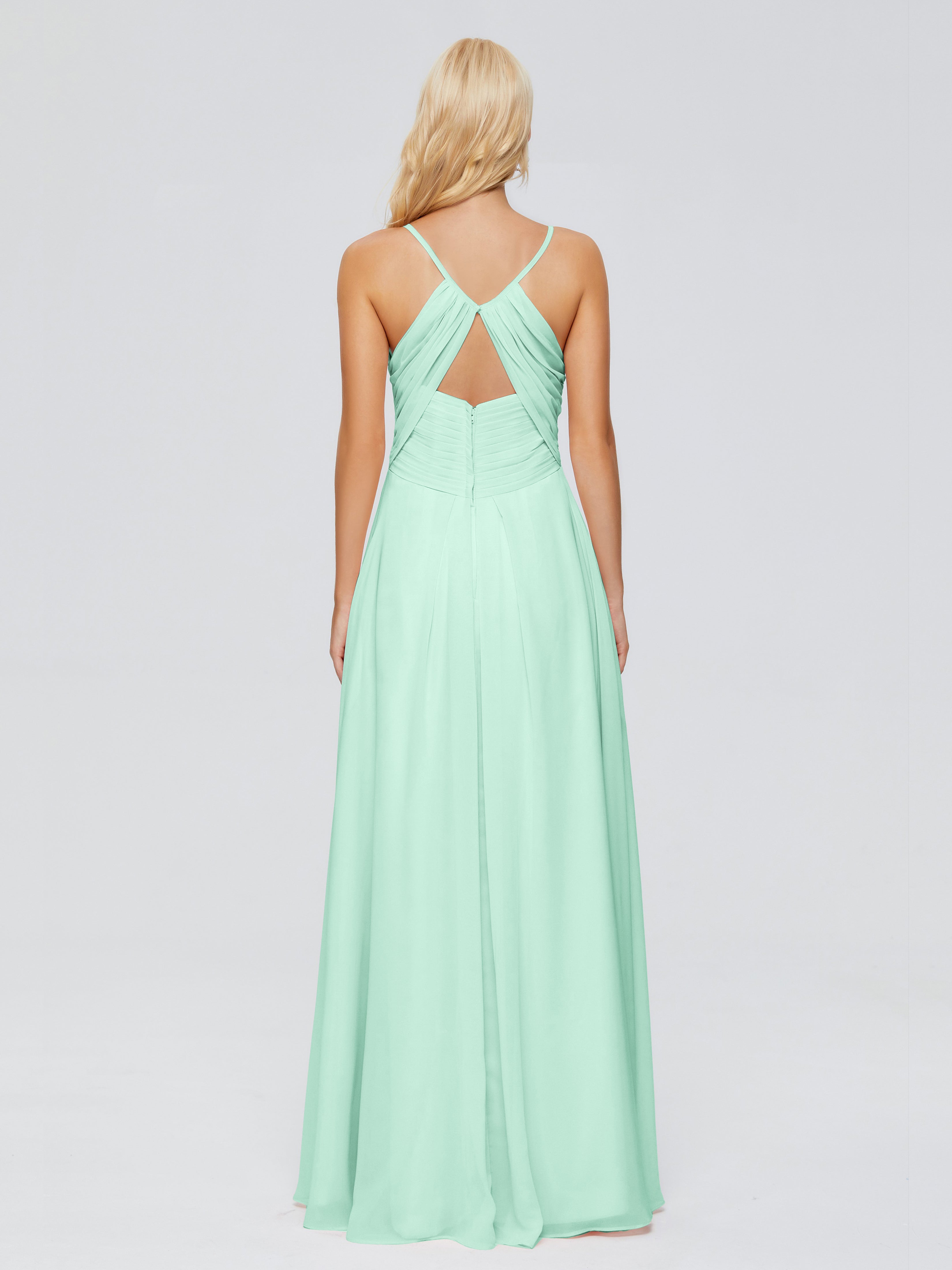 Robe Vert Menthe Demoiselle D Honneur Trapèze Col V Bretelles Spaghetti Mousseline Robes Demoiselle D'Honneur