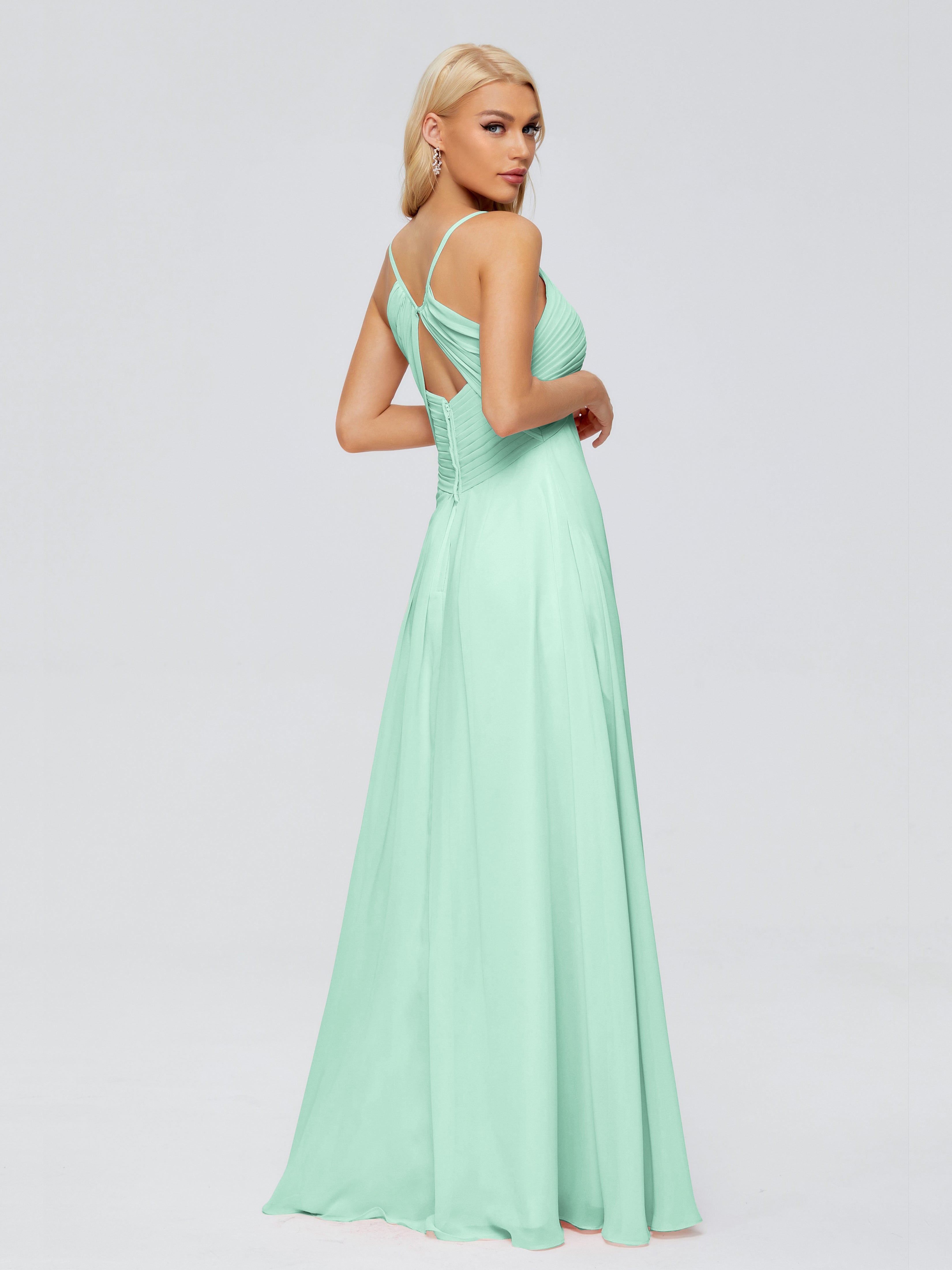 Robe Vert Menthe Demoiselle D Honneur Trapèze Col V Bretelles Spaghetti Mousseline Robes Demoiselle D'Honneur