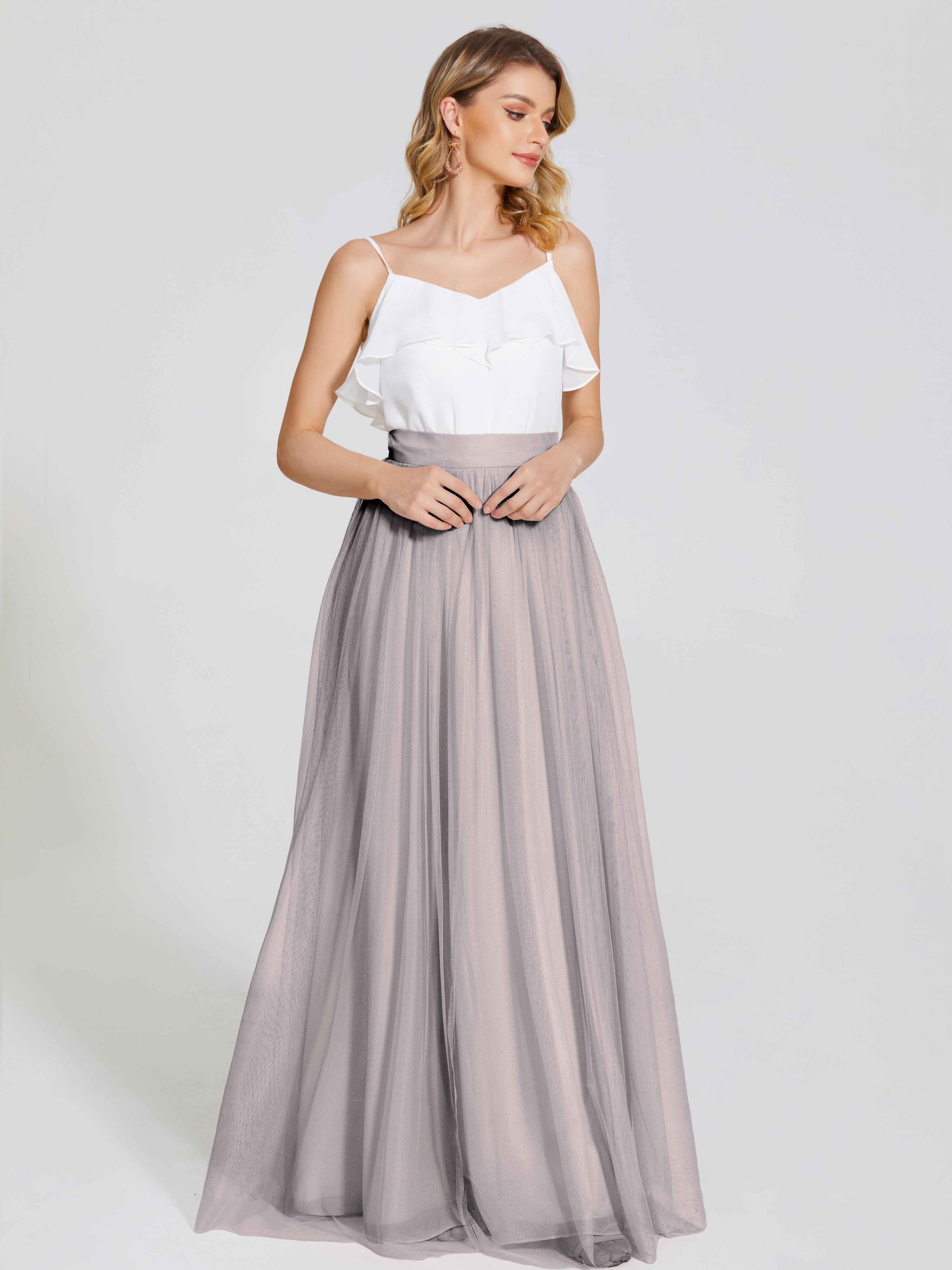 Robes De Demoiselle D'Honneur En Argent Deux Pièces Trapèze Longue Tulle Jupe