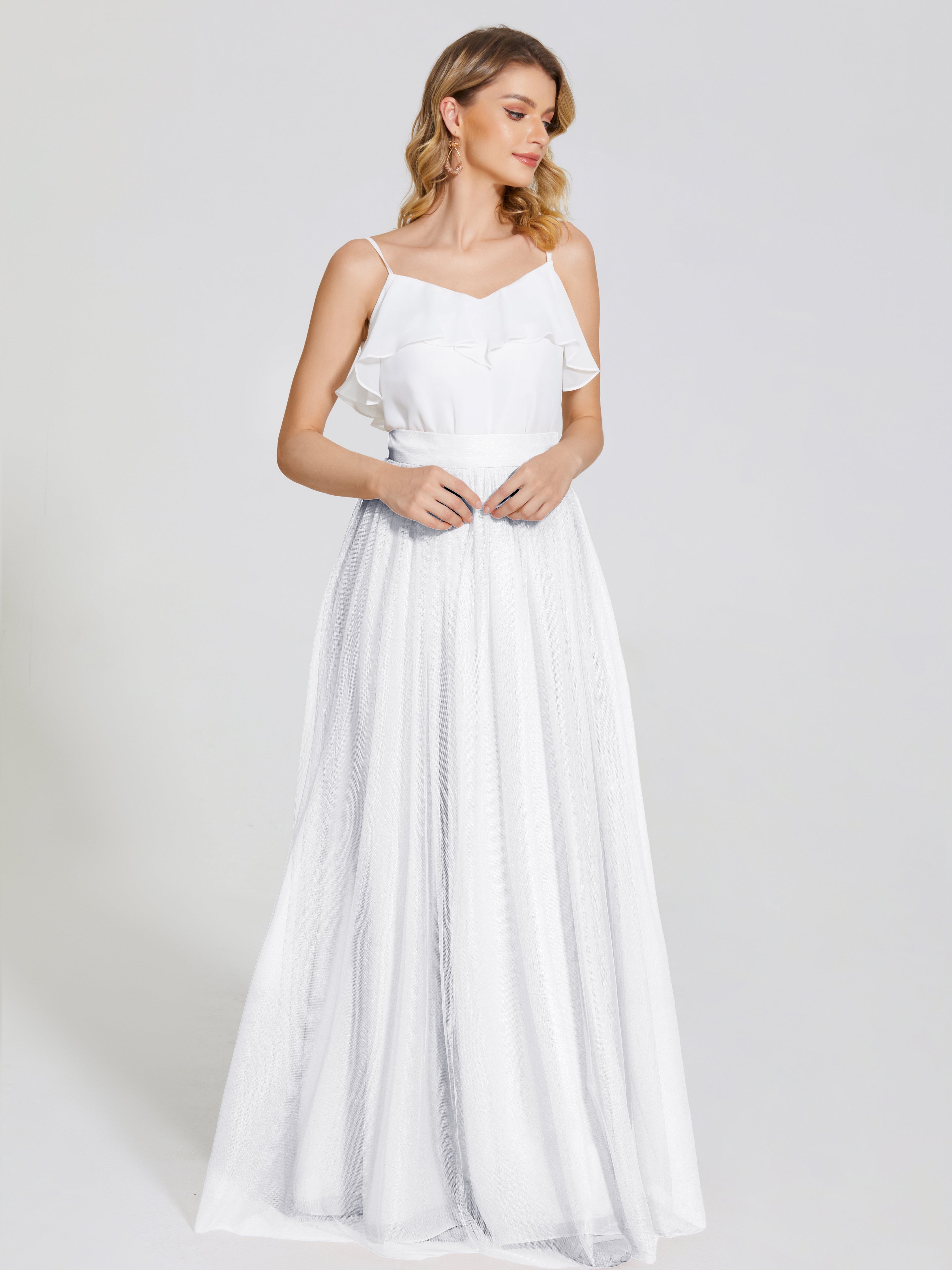 Robe Longue Blanche Demoiselle D Honneur Deux Pièces Trapèze Longue Tulle Jupe