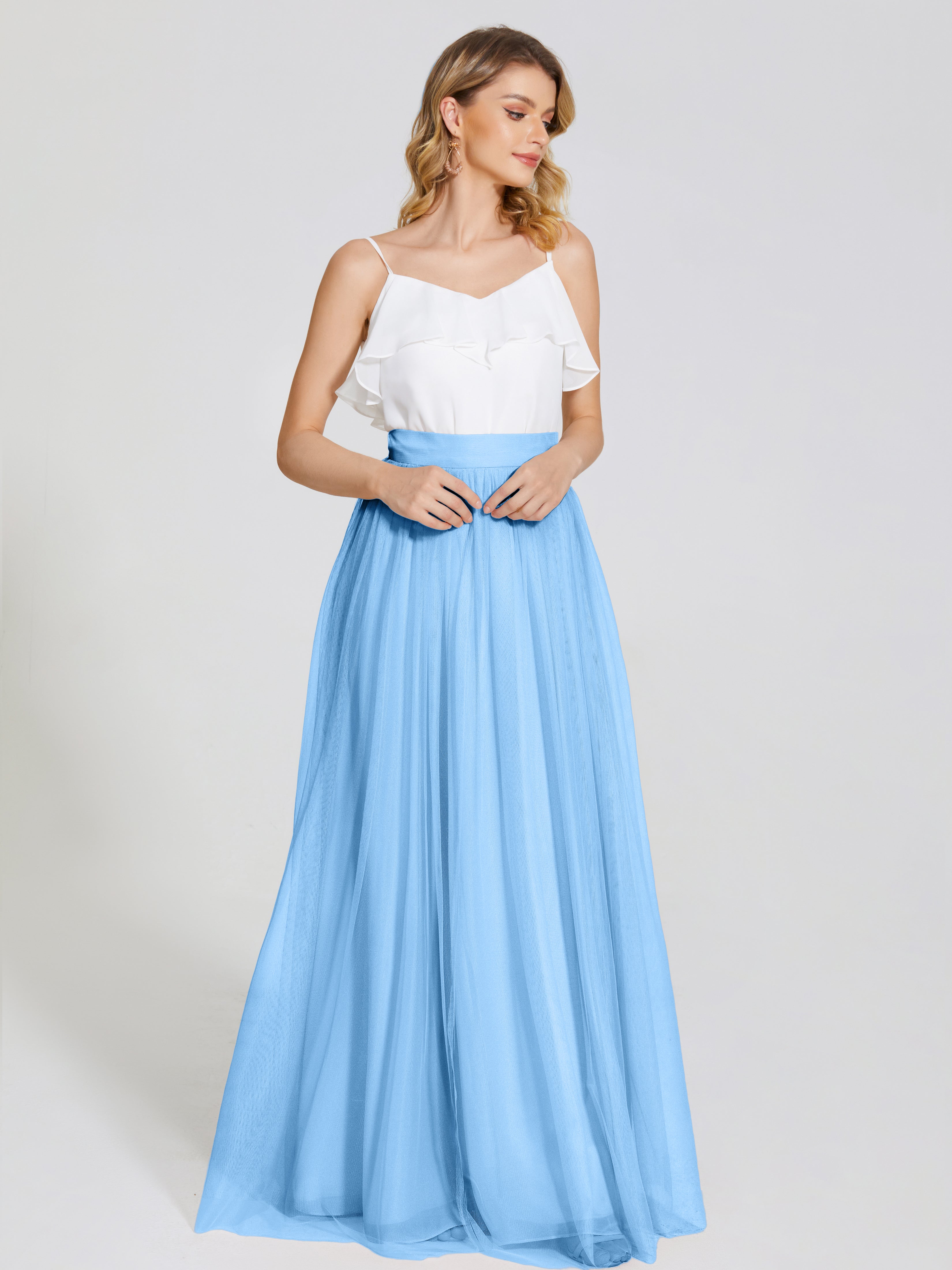 Robe Bleu Demoiselle D Honneur Deux Pièces Trapèze Longue Tulle Jupe
