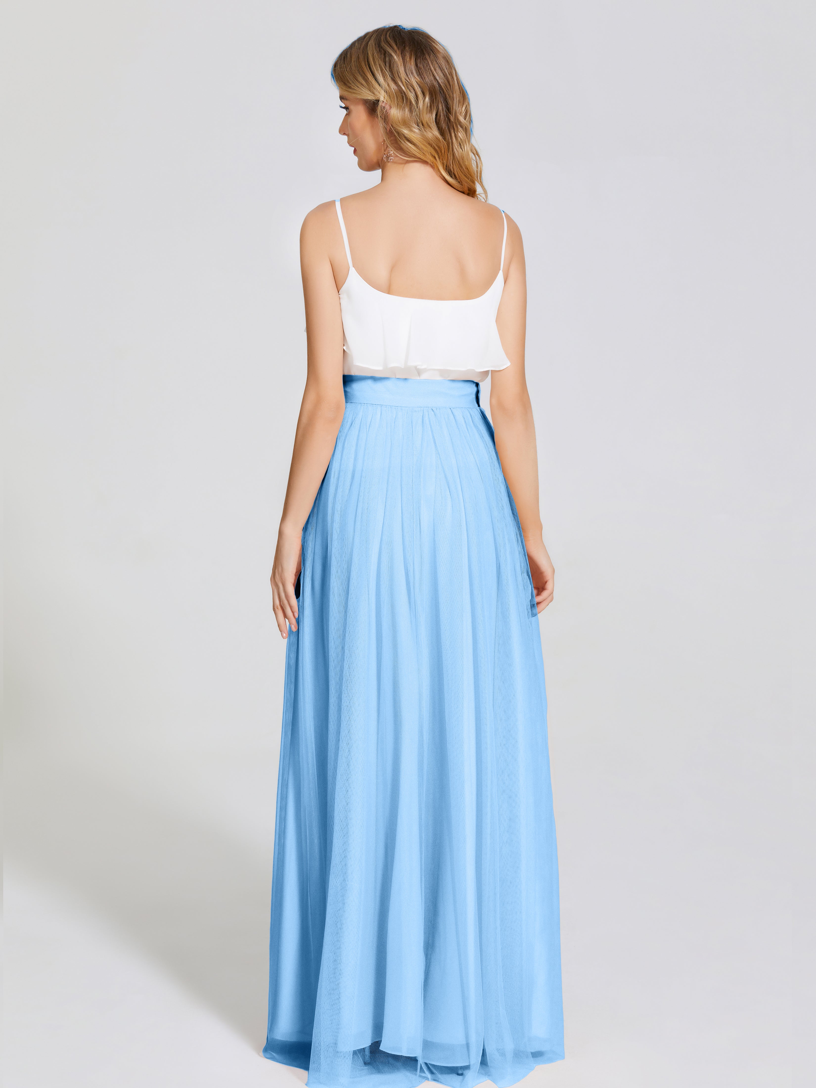 Robe Bleu Demoiselle D Honneur Deux Pièces Trapèze Longue Tulle Jupe