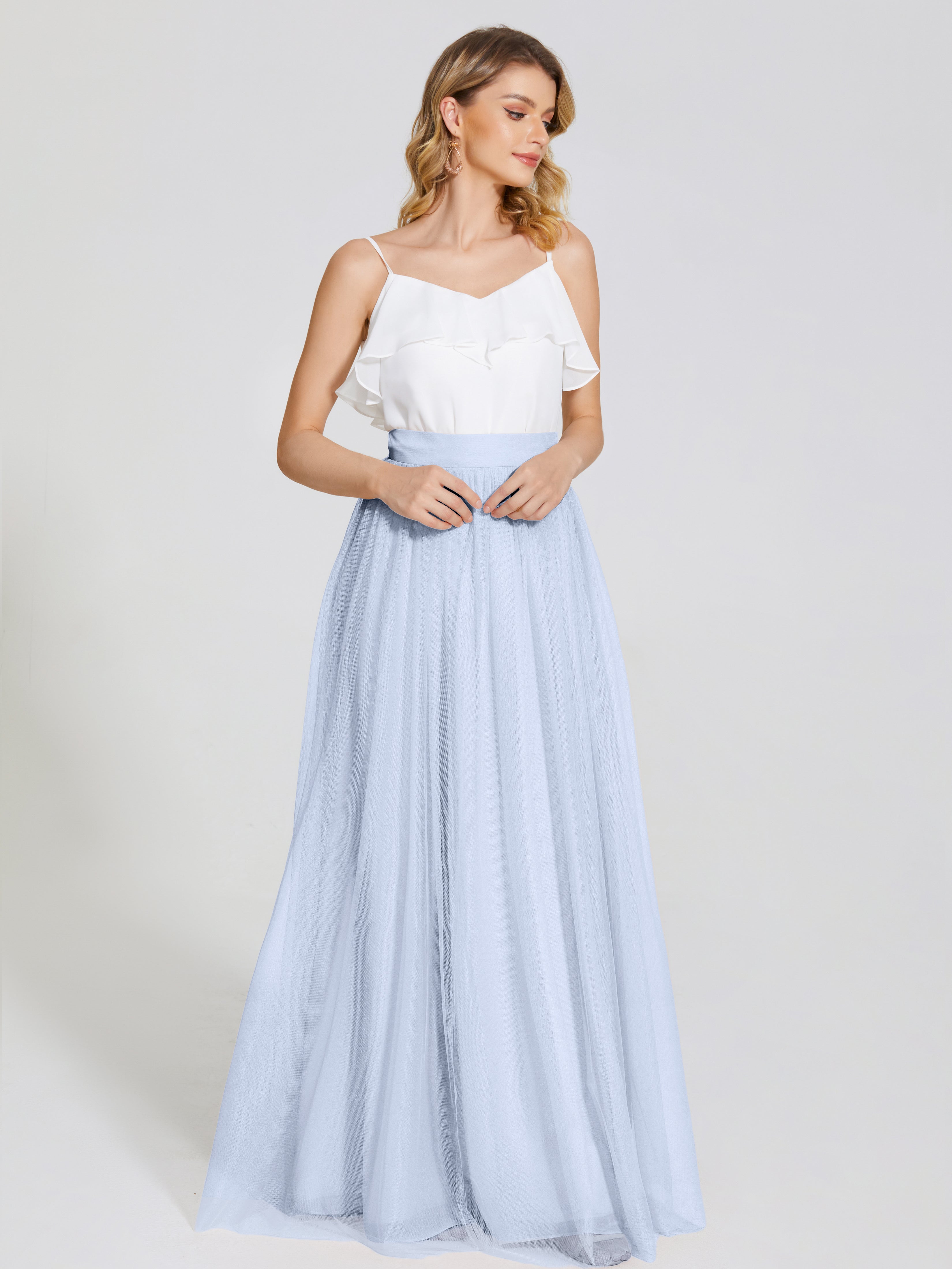 Robe Longue Bleu Ciel Demoiselle D Honneur Deux Pièces Trapèze Longue Tulle Jupe
