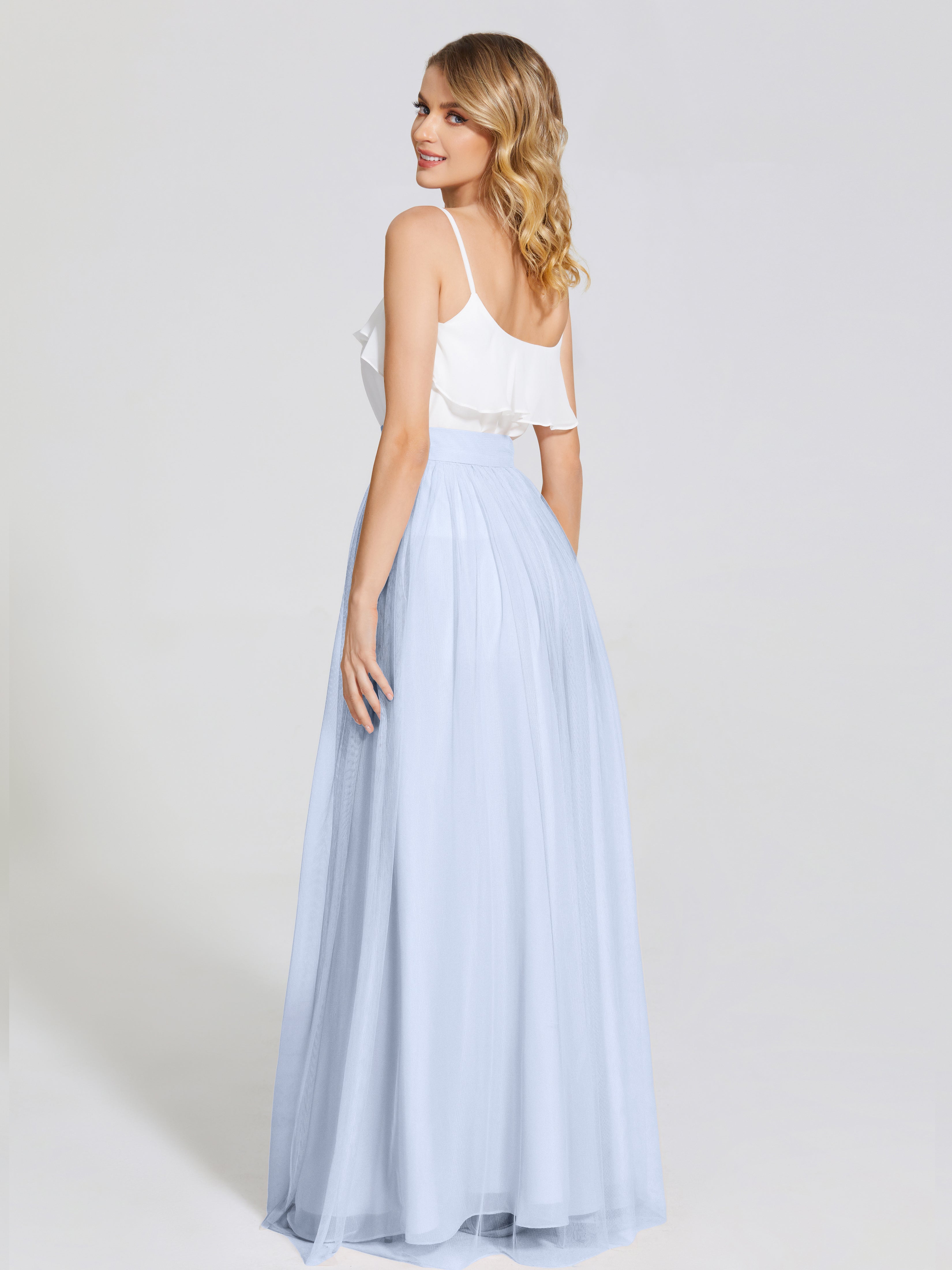 Robe Longue Bleu Ciel Demoiselle D Honneur Deux Pièces Trapèze Longue Tulle Jupe