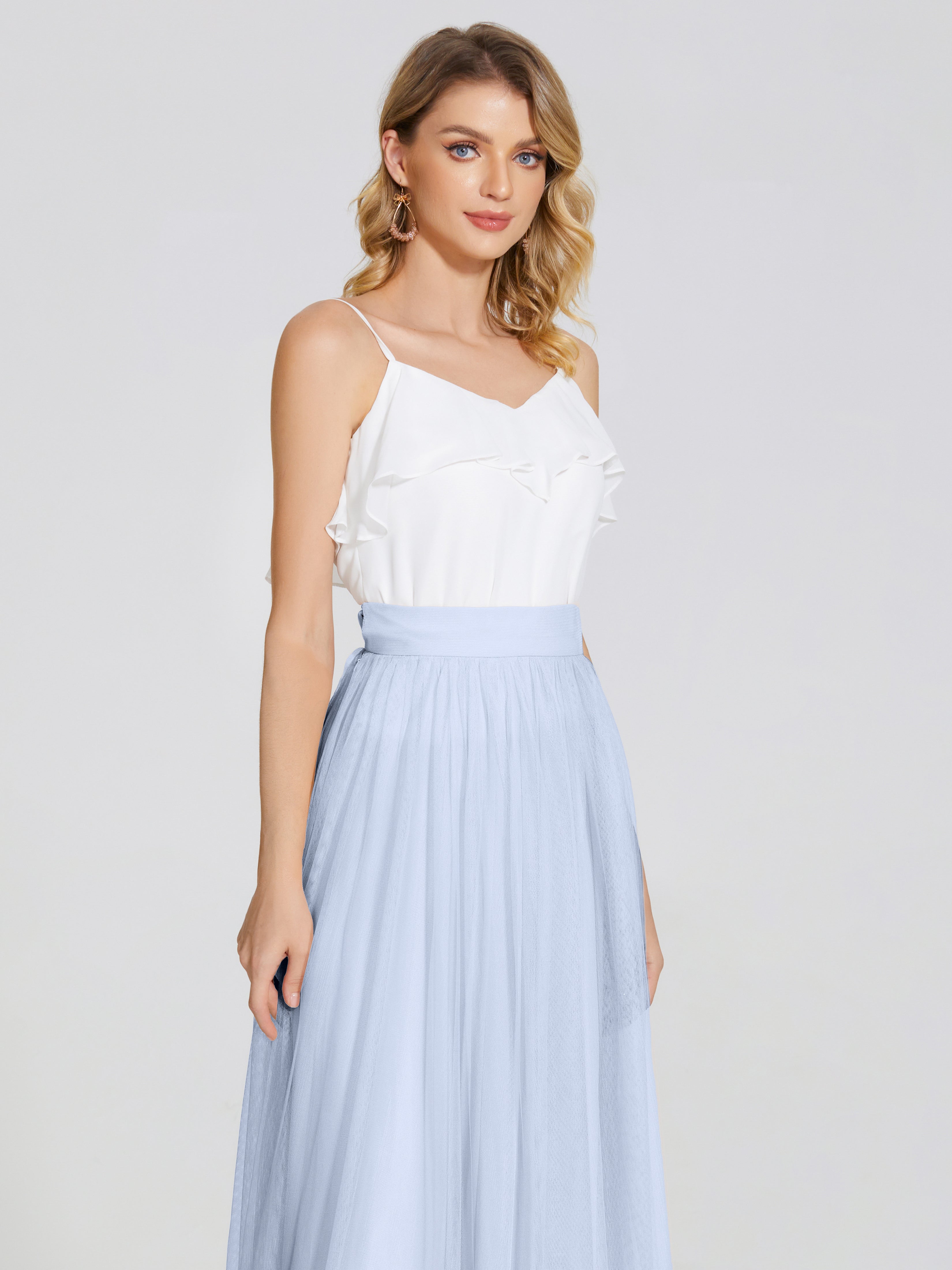 Robe Longue Bleu Ciel Demoiselle D Honneur Deux Pièces Trapèze Longue Tulle Jupe