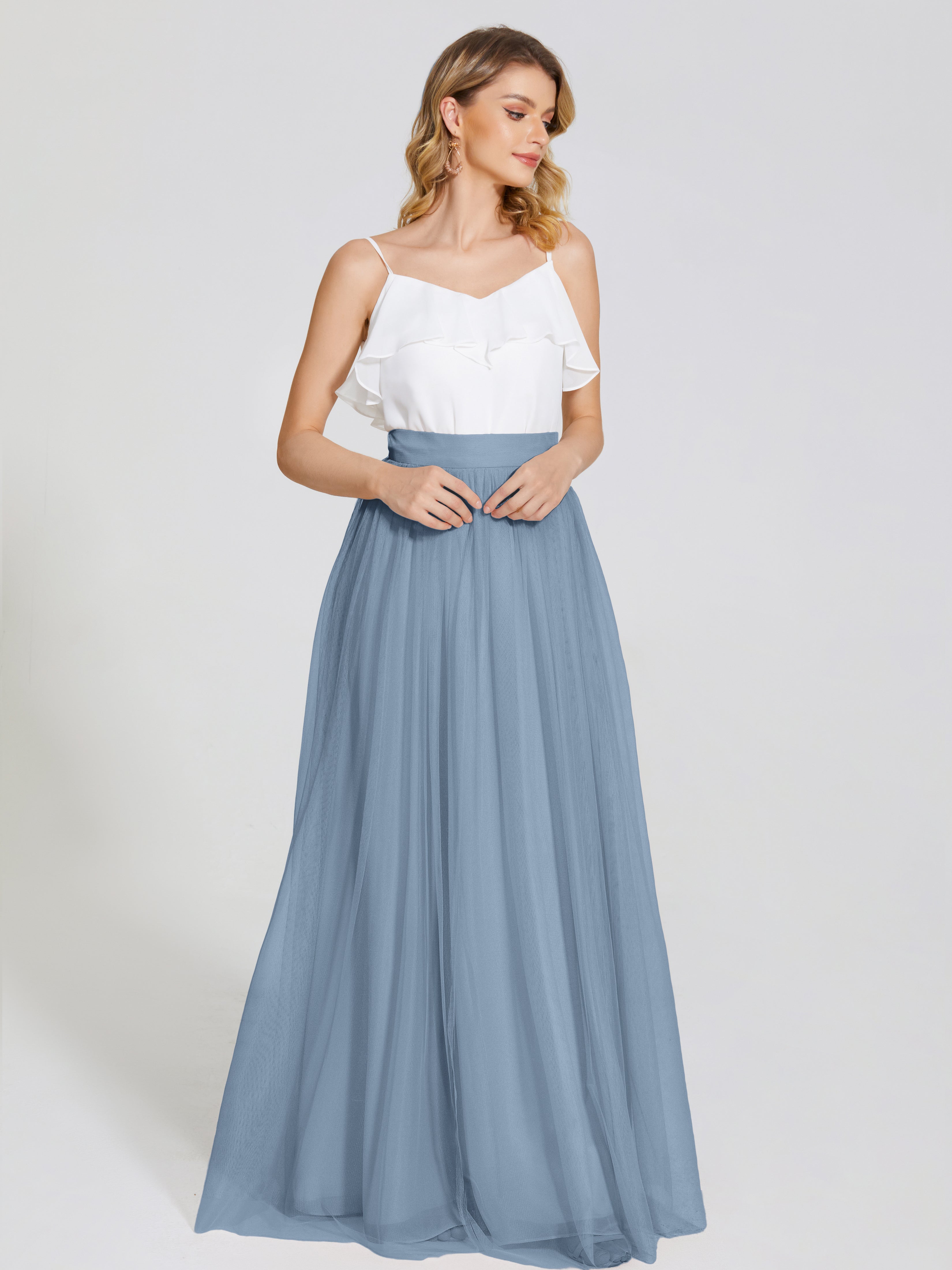 Robes De Demoiselle D'Honneur Bleu De Schiste Deux Pièces Trapèze Longue Tulle Jupe