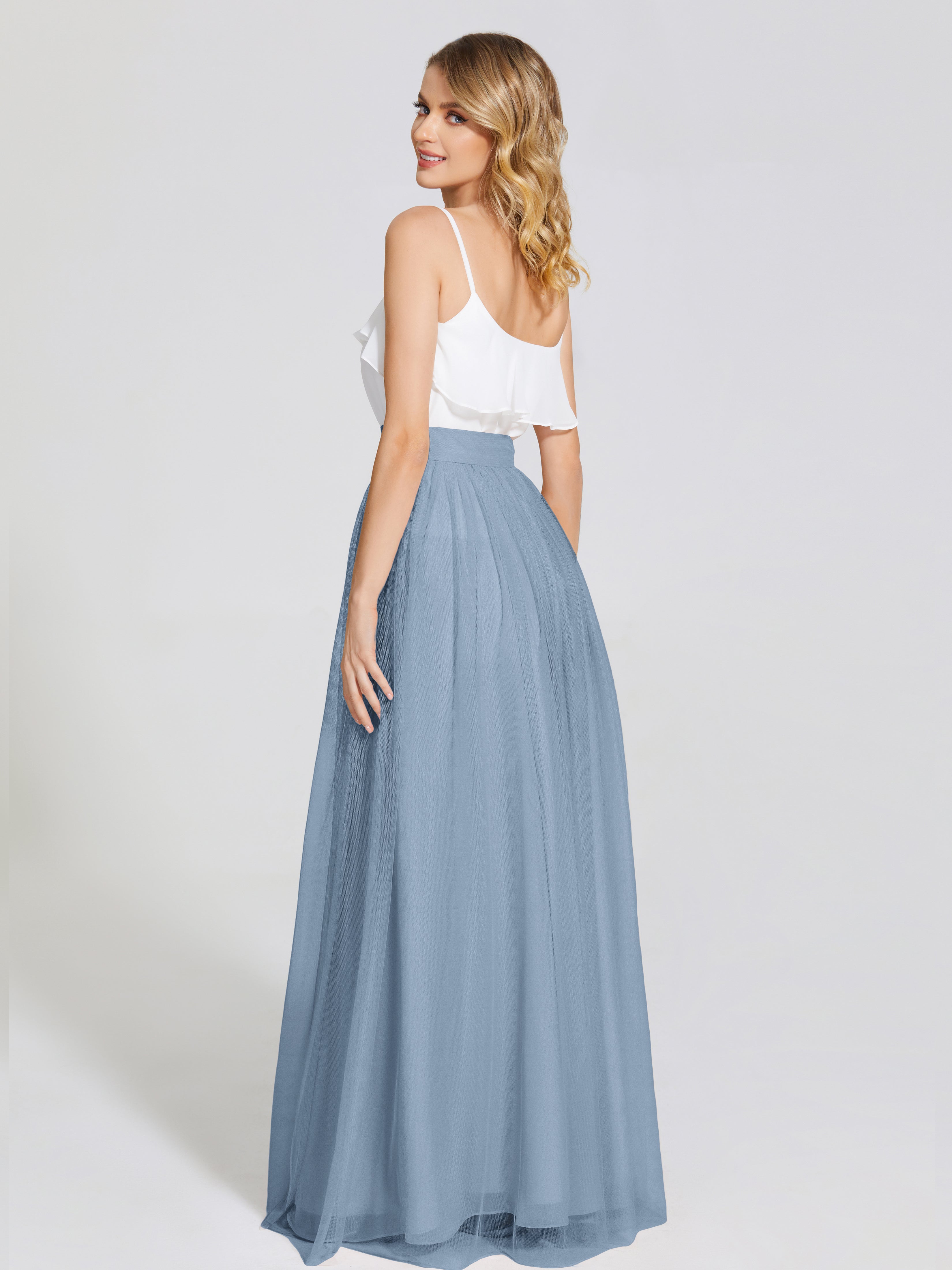 Robes De Demoiselle D'Honneur Bleu De Schiste Deux Pièces Trapèze Longue Tulle Jupe