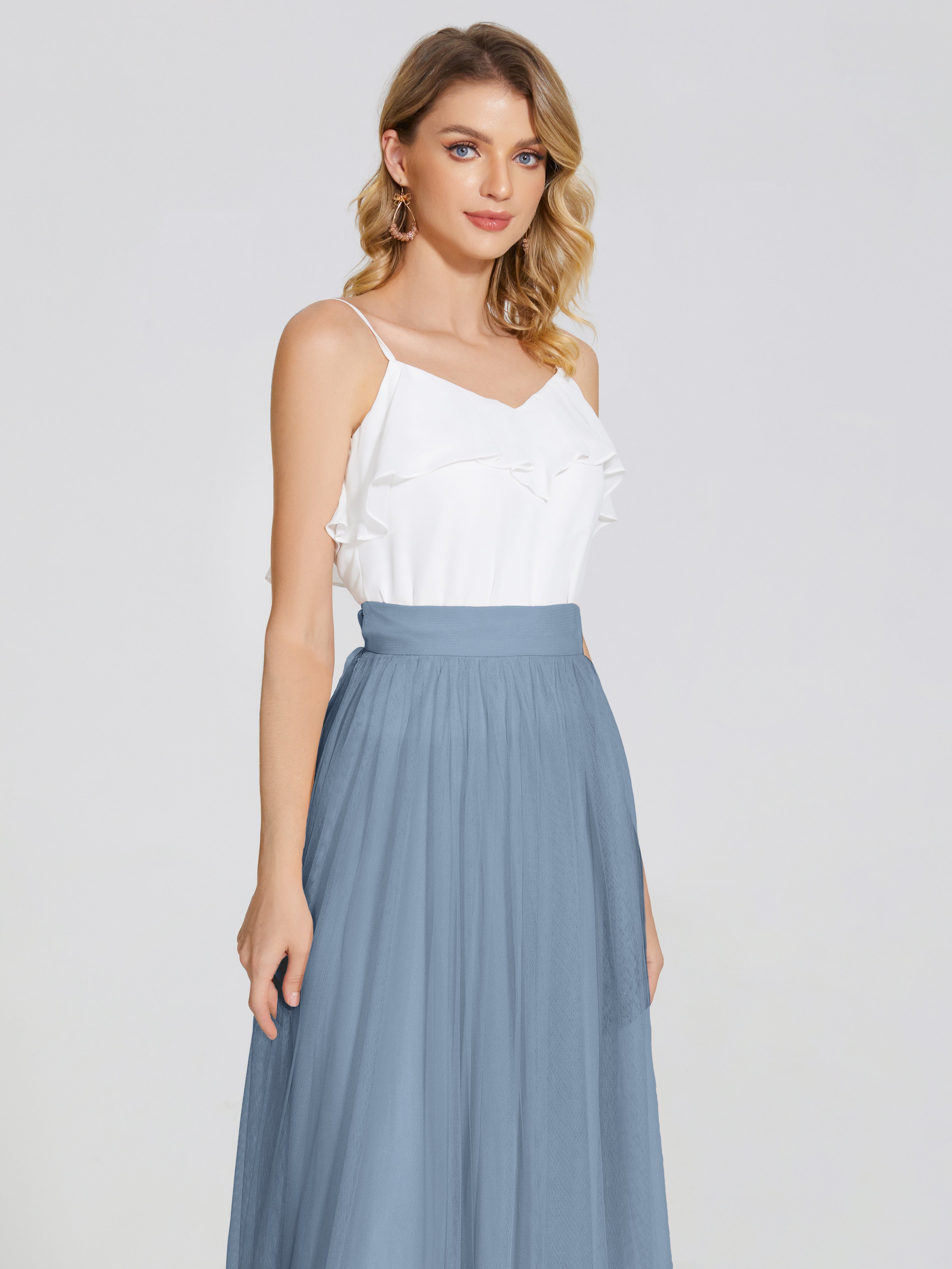 Robes De Demoiselle D'Honneur Bleu De Schiste Deux Pièces Trapèze Longue Tulle Jupe