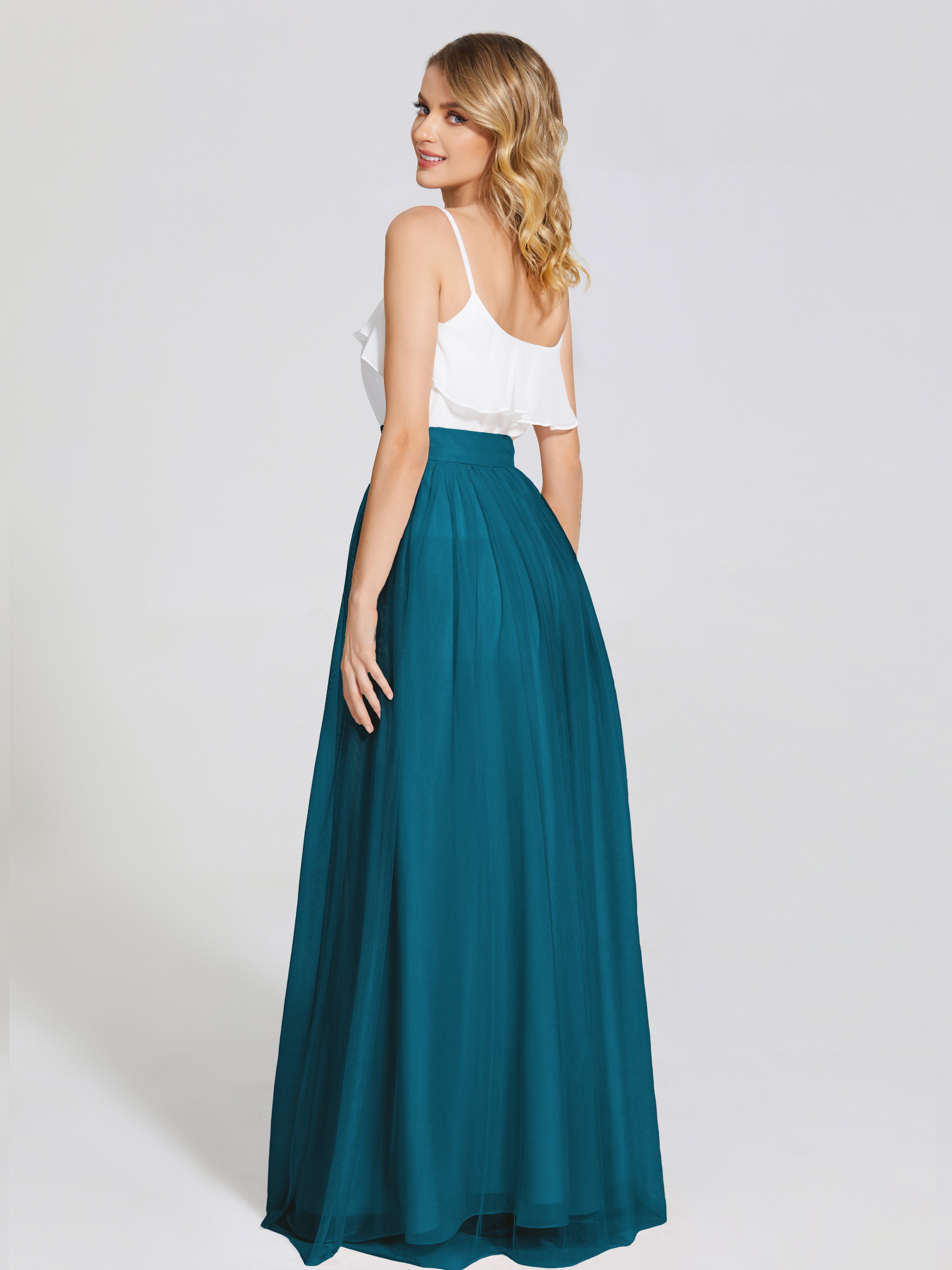 Robe De Demoiselle D'Honneur Bleu Encre Deux Pièces Trapèze Longue Tulle Jupe