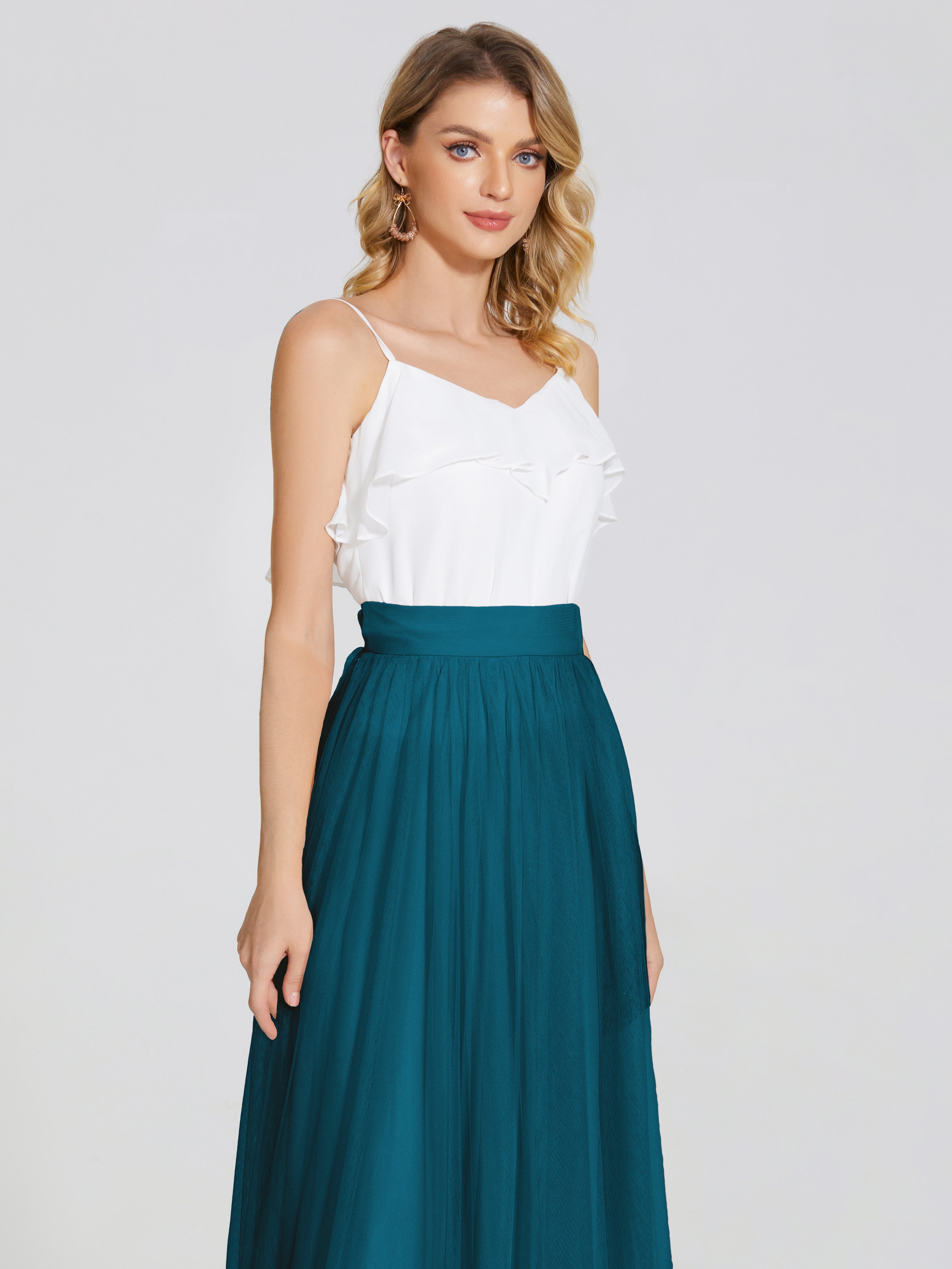 Robe De Demoiselle D'Honneur Bleu Encre Deux Pièces Trapèze Longue Tulle Jupe