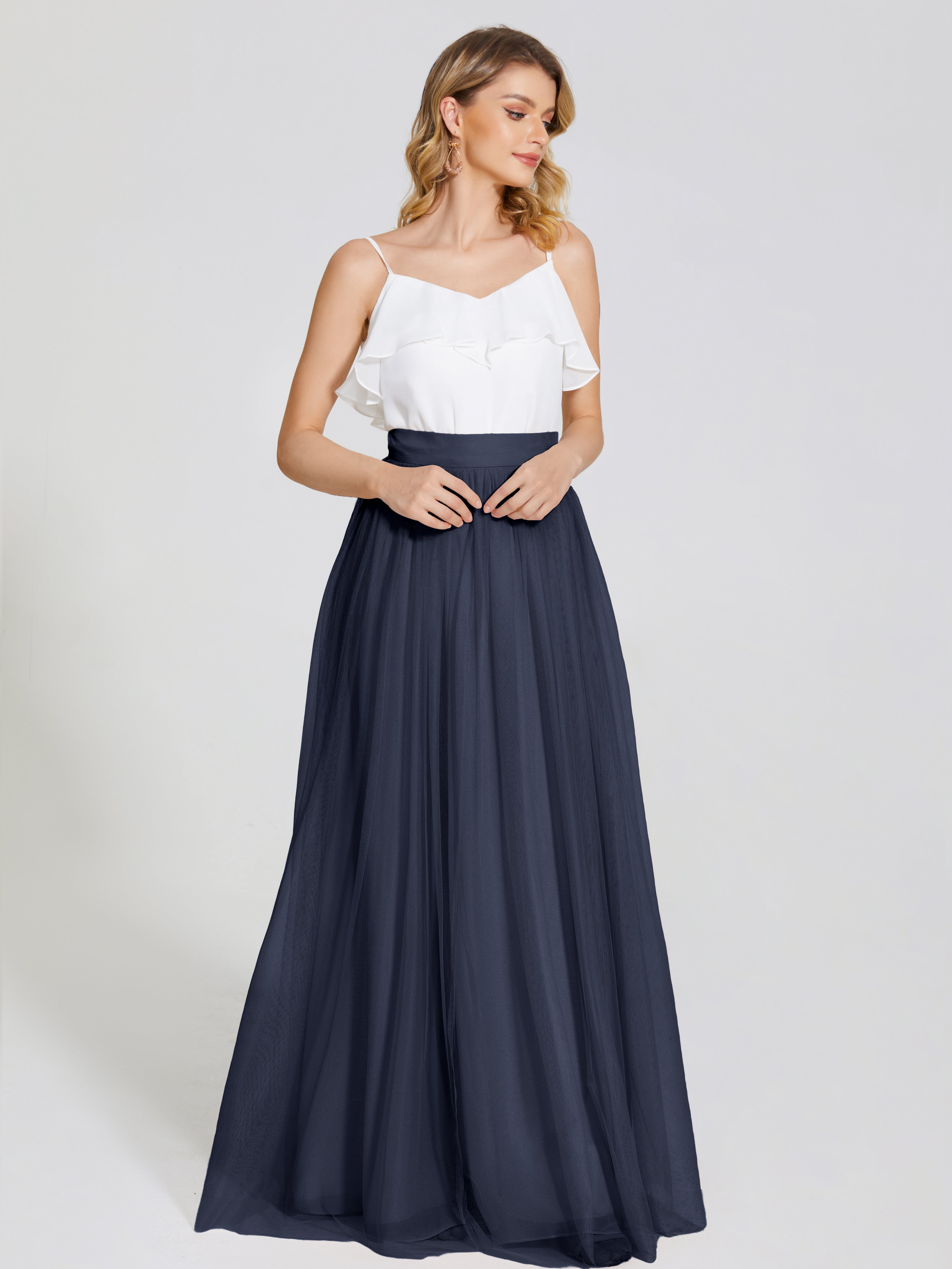 Robes De Demoiselle D'Honneur Bleu Marine Foncé Deux Pièces Trapèze Longue Tulle Jupe