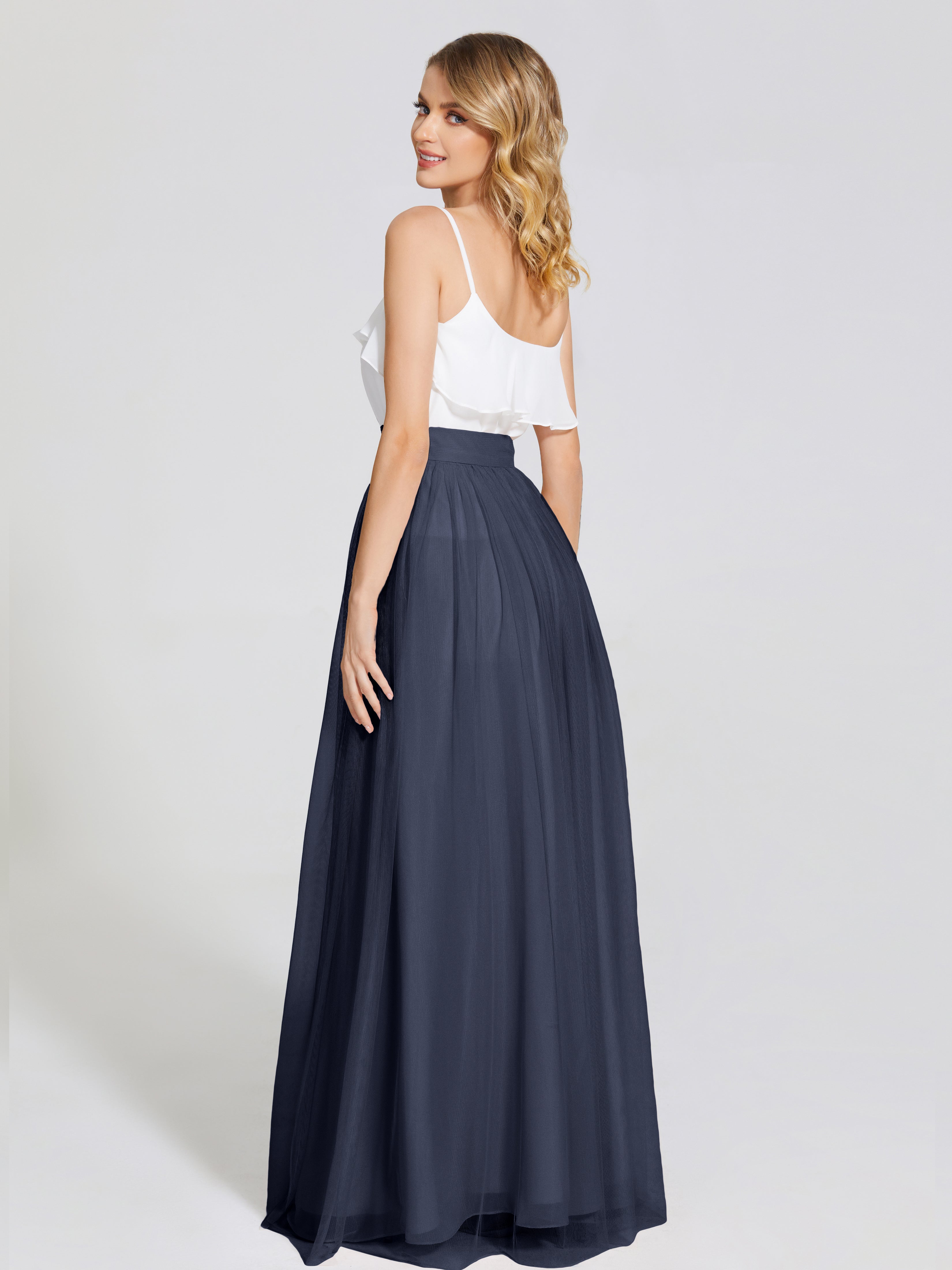 Robes De Demoiselle D'Honneur Bleu Marine Foncé Deux Pièces Trapèze Longue Tulle Jupe