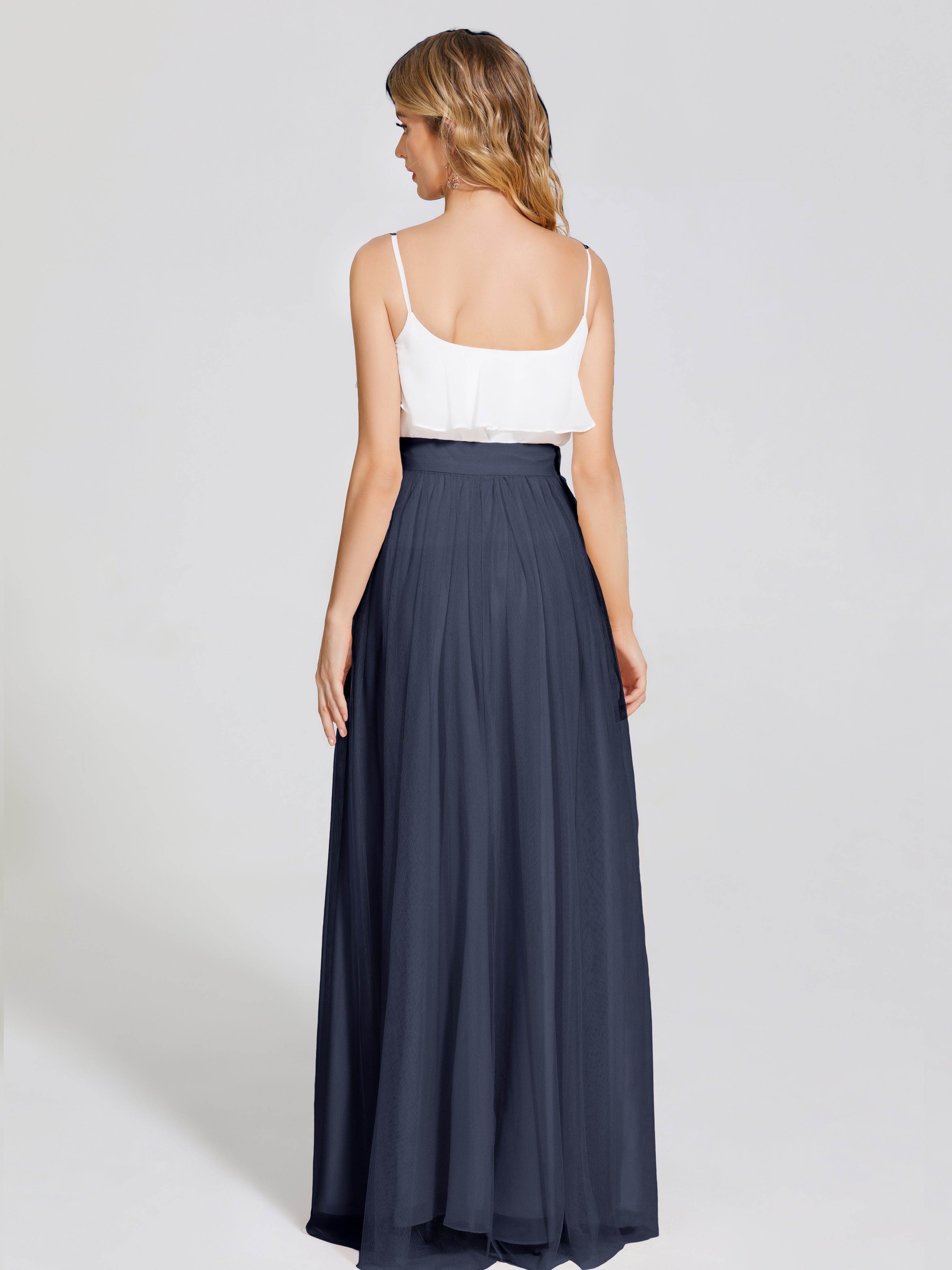 Robes De Demoiselle D'Honneur Bleu Marine Foncé Deux Pièces Trapèze Longue Tulle Jupe