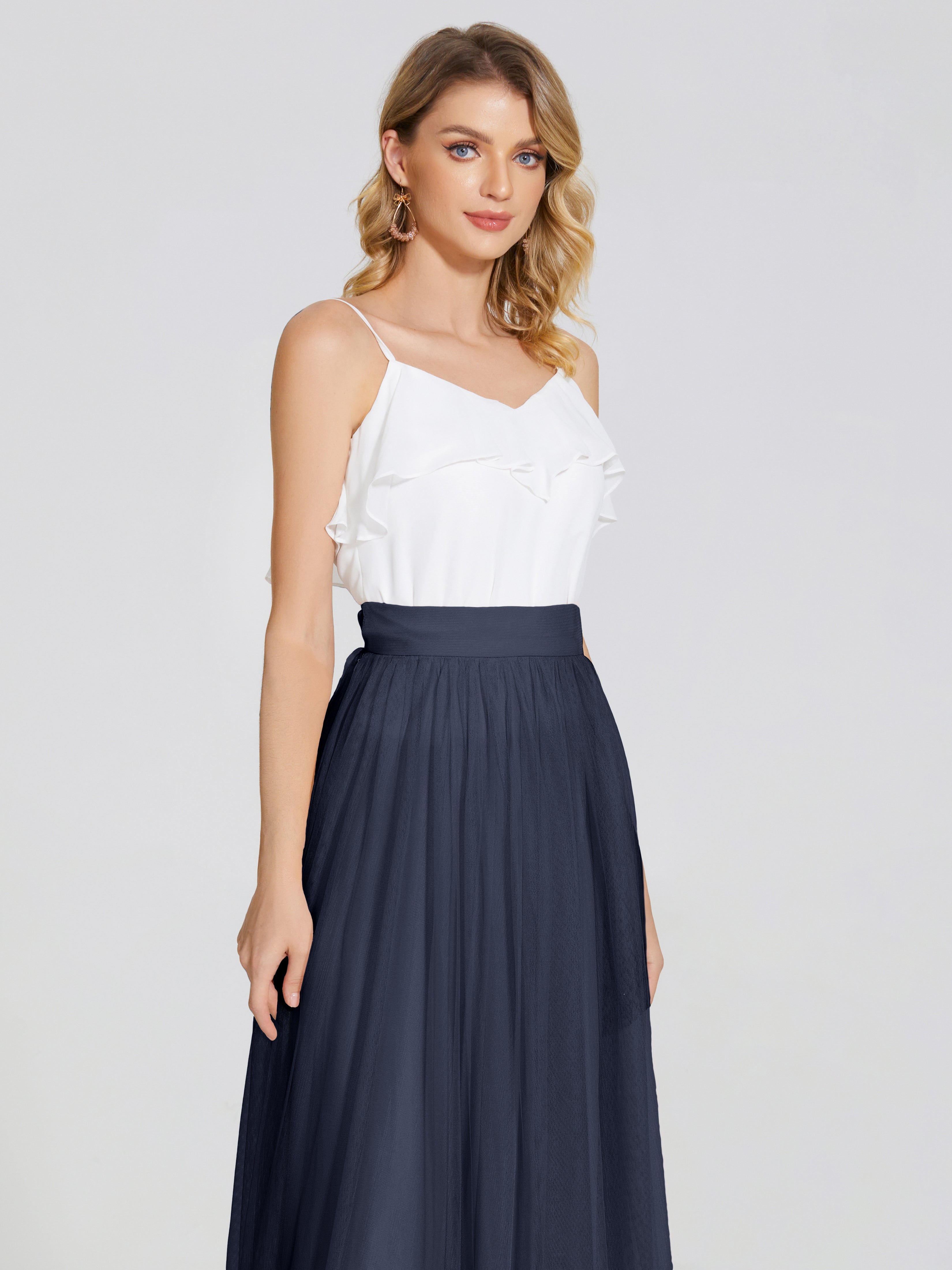 Robes De Demoiselle D'Honneur Bleu Marine Foncé Deux Pièces Trapèze Longue Tulle Jupe
