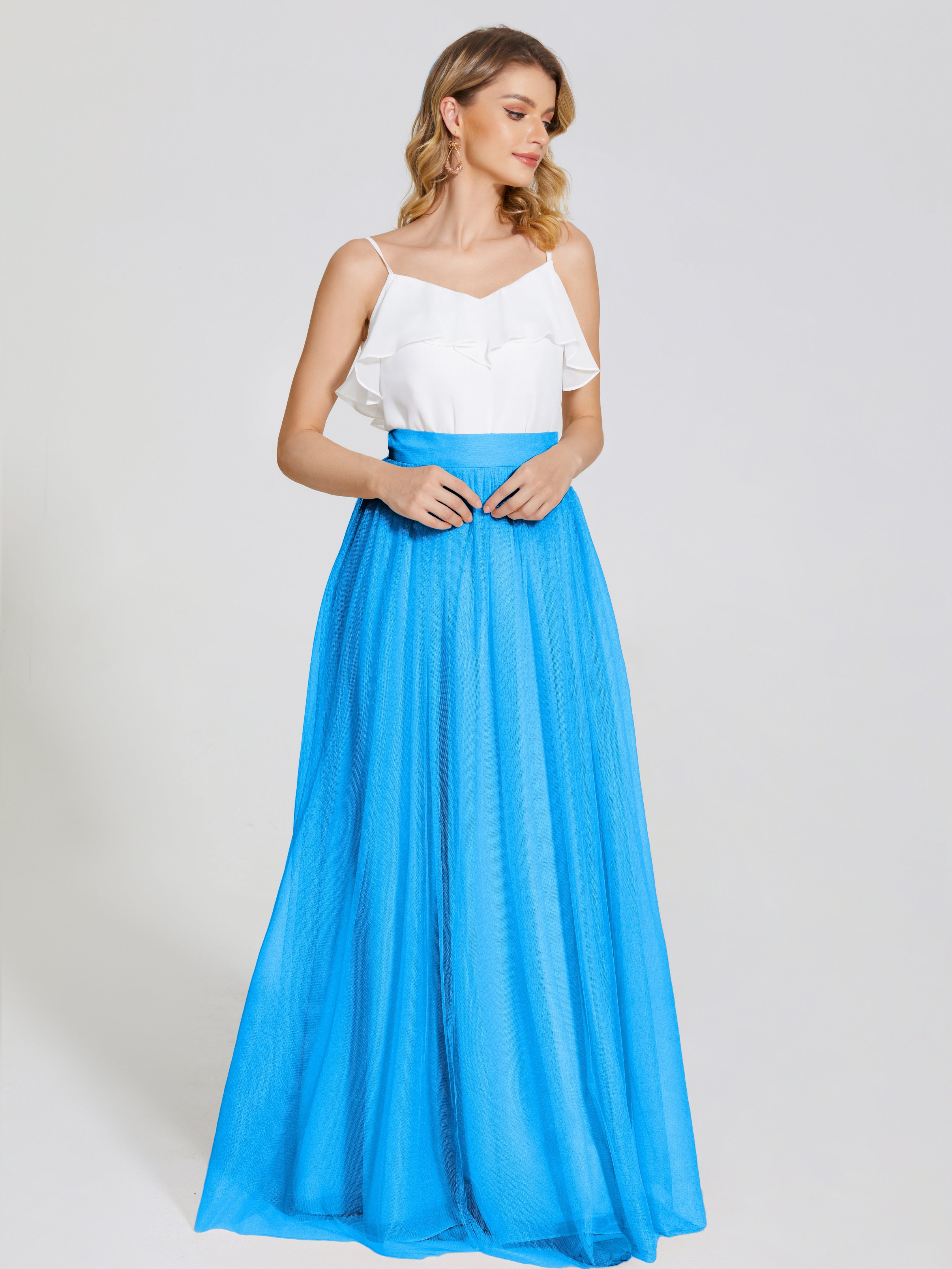 Robes De Demoiselle D'Honneur Bleu Océan Deux Pièces Trapèze Longue Tulle Jupe