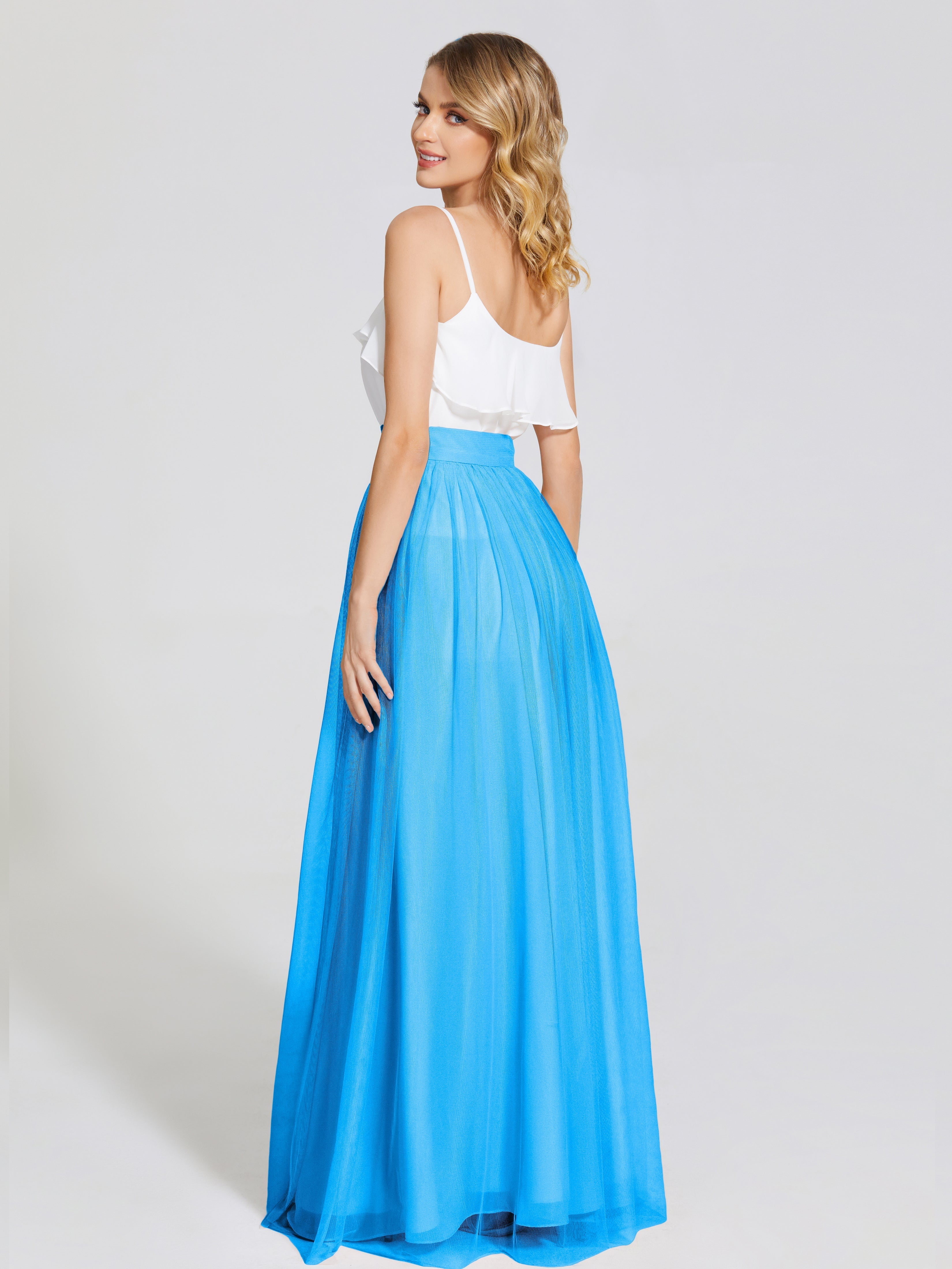 Robes De Demoiselle D'Honneur Bleu Océan Deux Pièces Trapèze Longue Tulle Jupe
