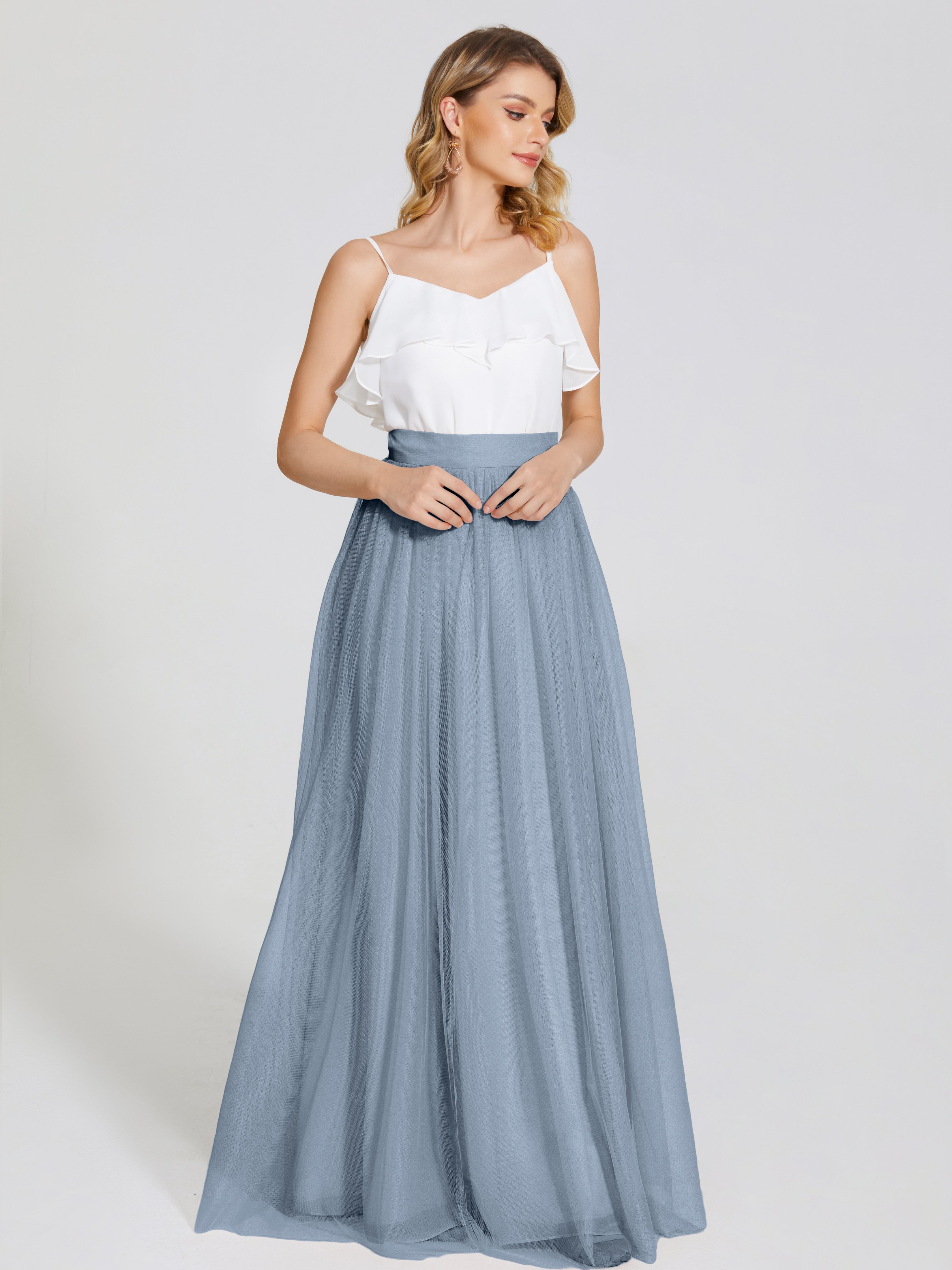 Robes De Demoiselle D'Honneur Bleu Poussiéreux Deux Pièces Trapèze Longue Tulle Jupe