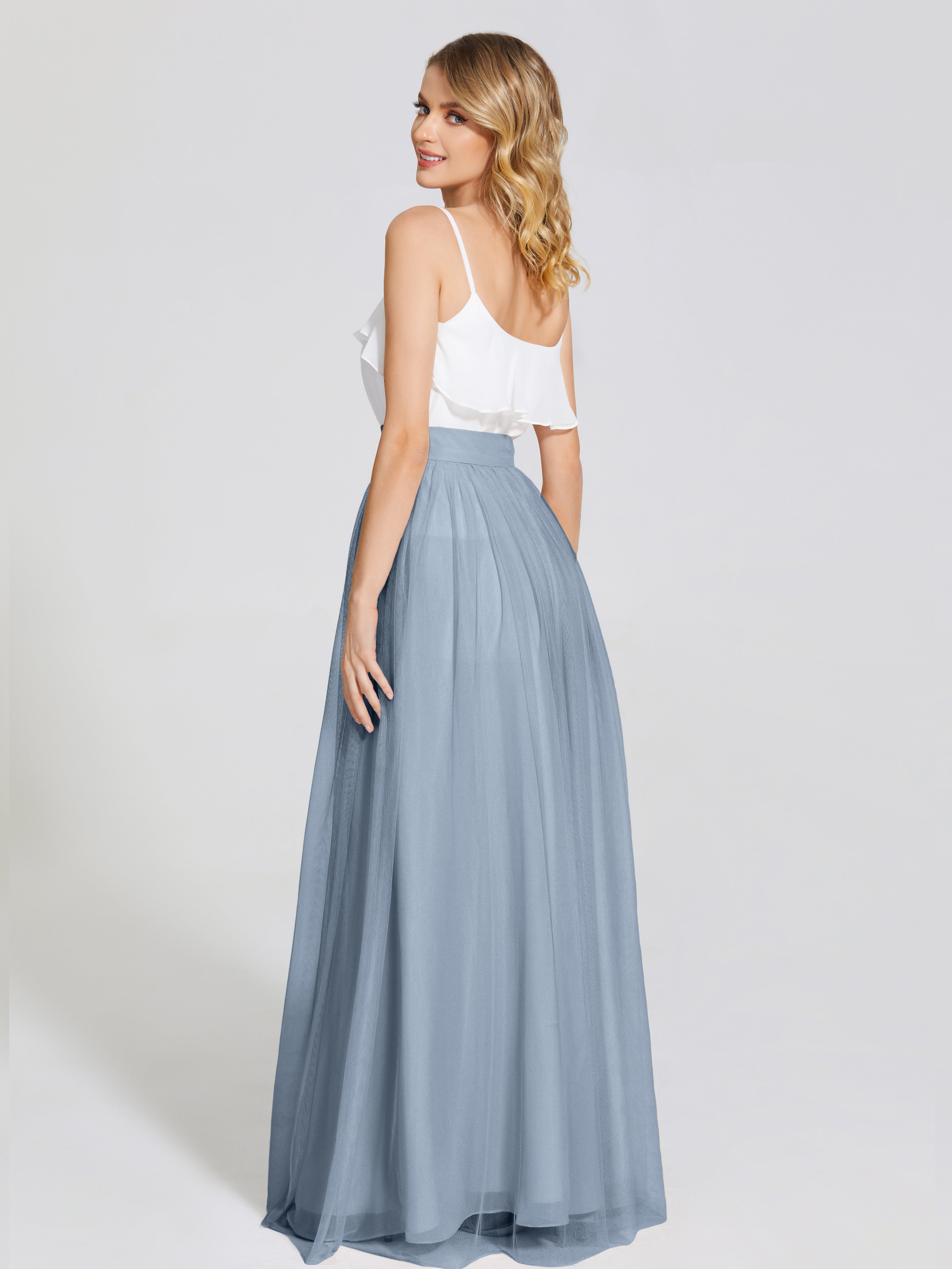 Robes De Demoiselle D'Honneur Bleu Poussiéreux Deux Pièces Trapèze Longue Tulle Jupe