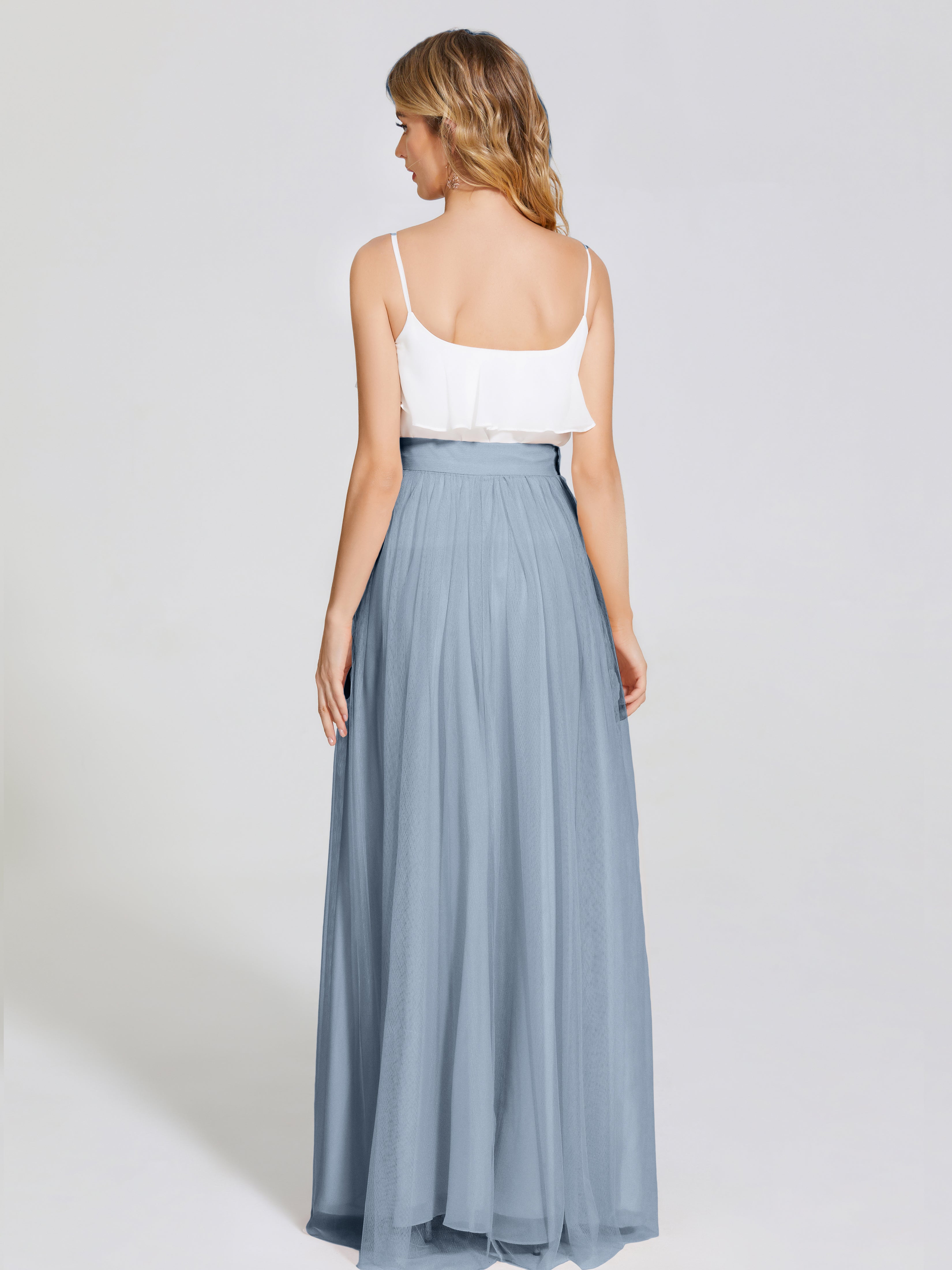 Robes De Demoiselle D'Honneur Bleu Poussiéreux Deux Pièces Trapèze Longue Tulle Jupe