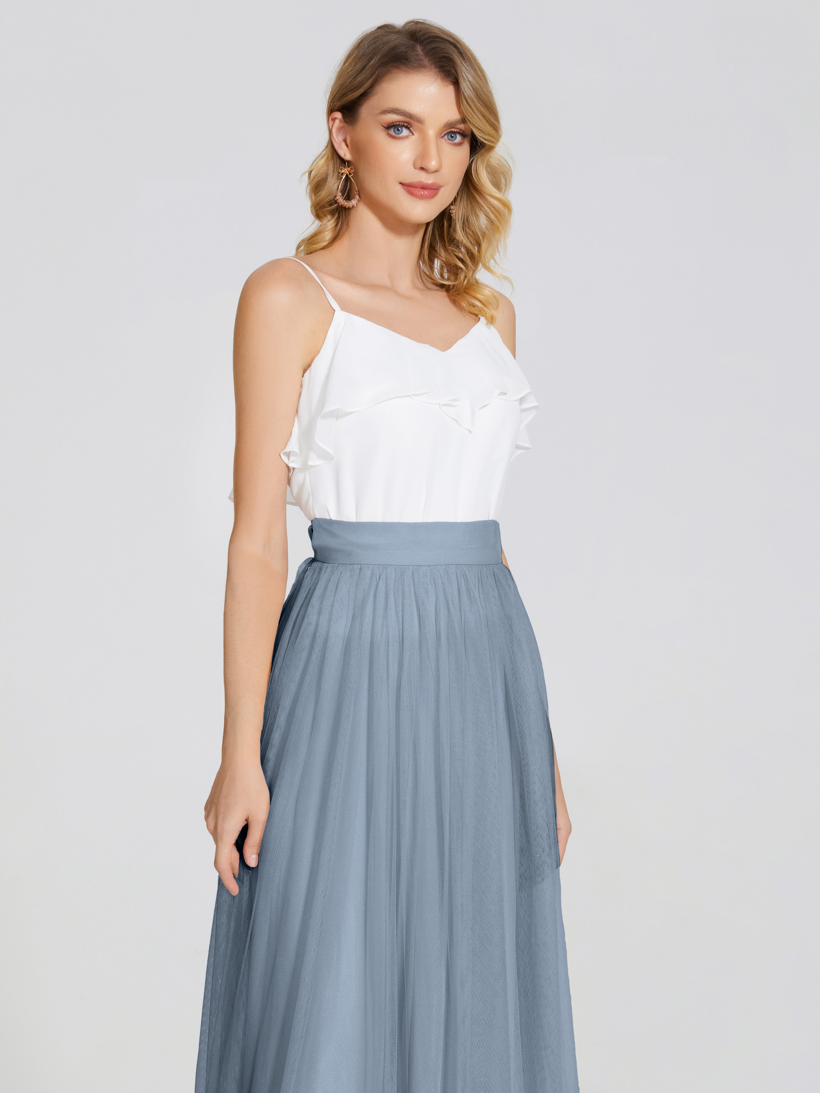 Robes De Demoiselle D'Honneur Bleu Poussiéreux Deux Pièces Trapèze Longue Tulle Jupe