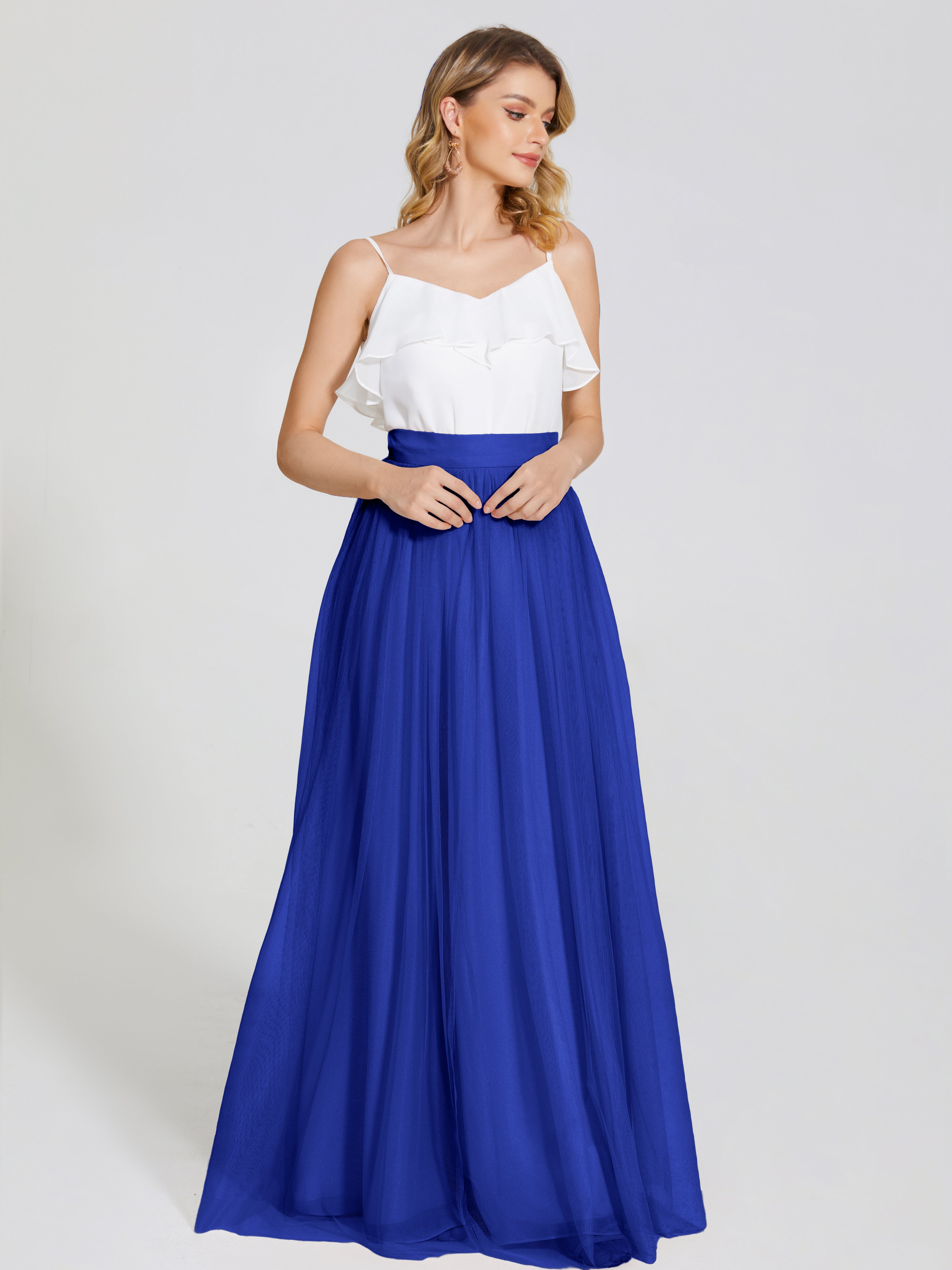 Robe De Demoiselle D Honneur Bleu Royal Deux Pièces Trapèze Longue Tulle Jupe