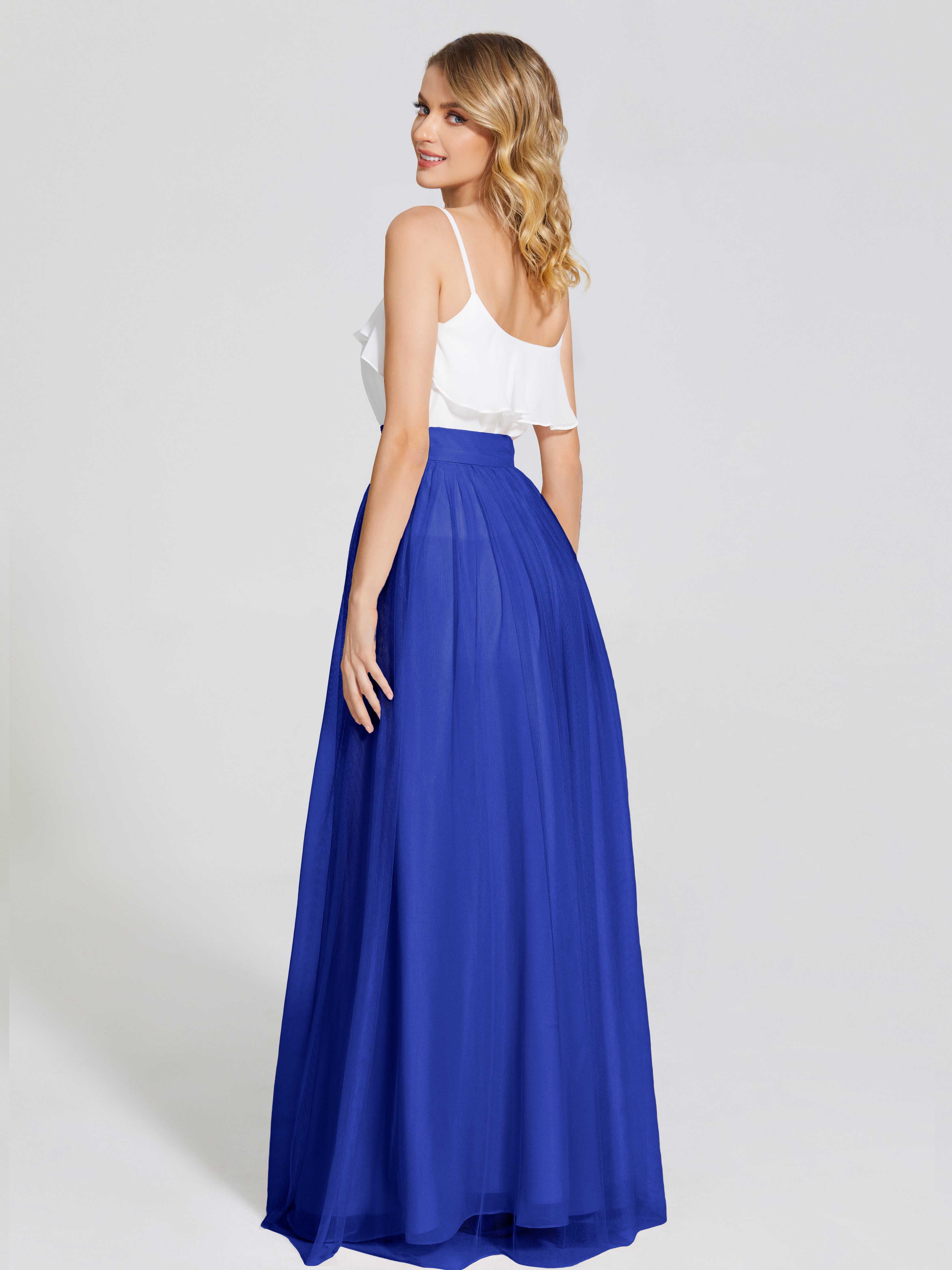 Robe De Demoiselle D Honneur Bleu Royal Deux Pièces Trapèze Longue Tulle Jupe