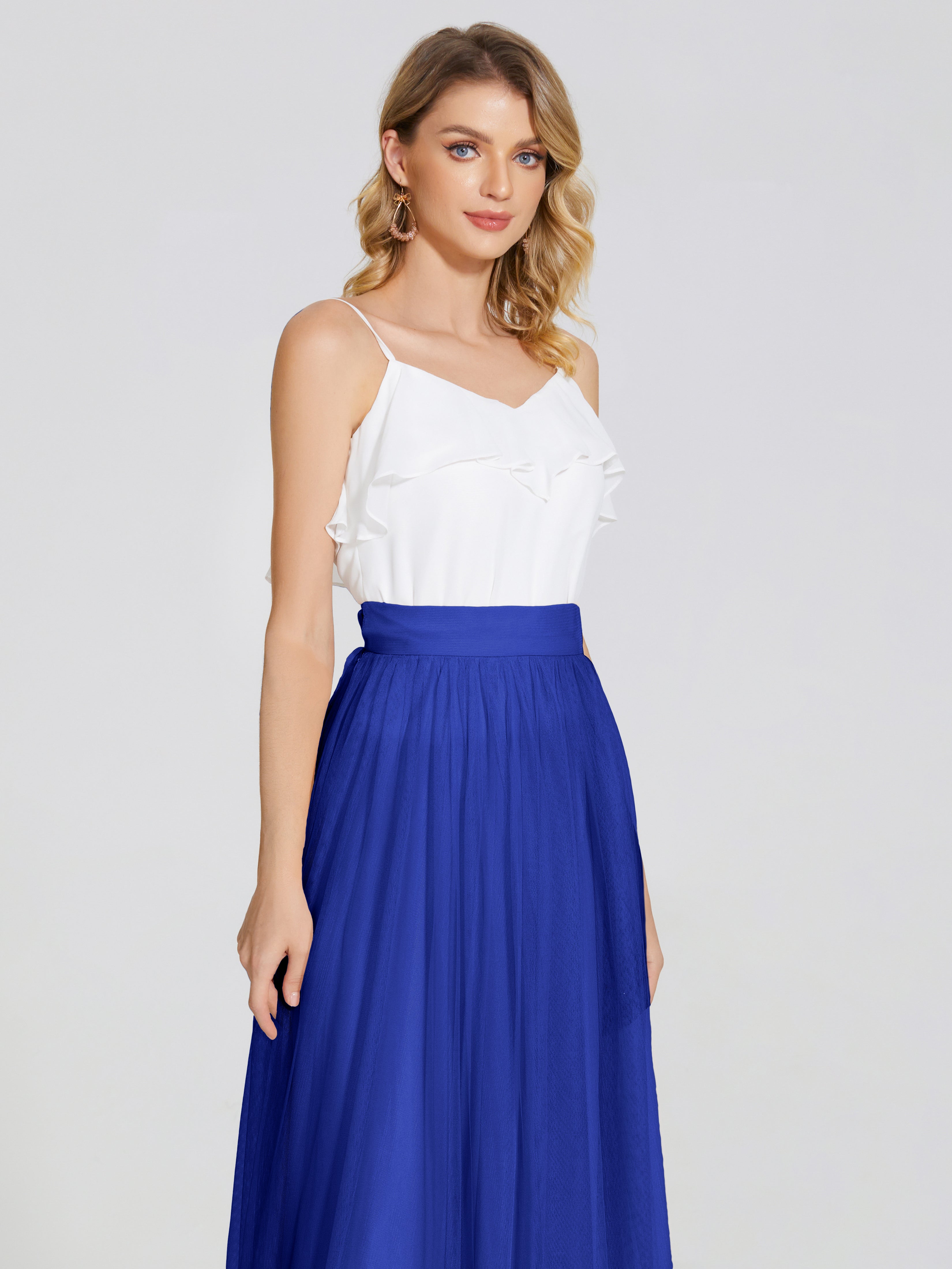 Robe De Demoiselle D Honneur Bleu Royal Deux Pièces Trapèze Longue Tulle Jupe
