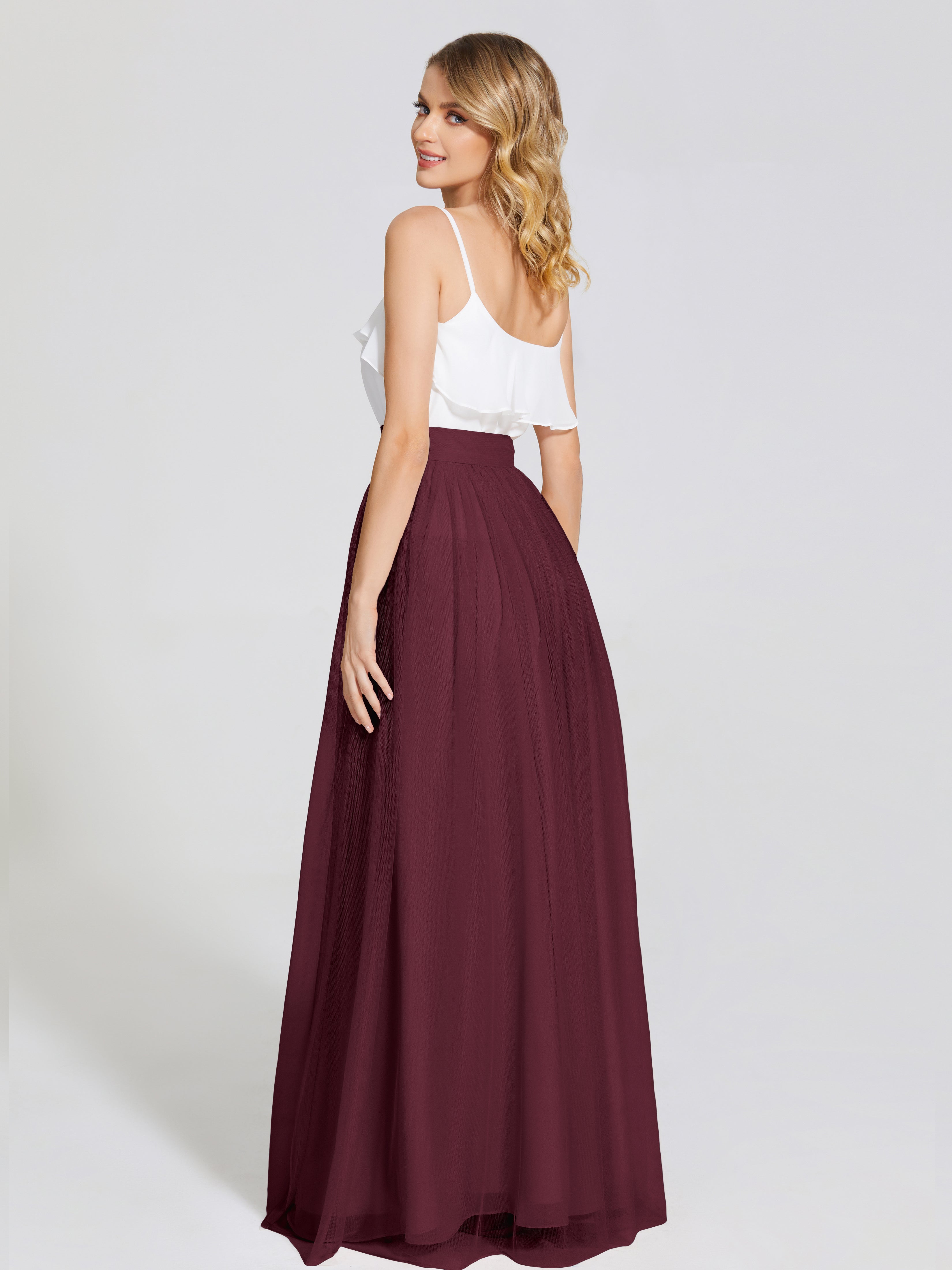 Robes De Demoiselle D'Honneur Cabernet Deux Pièces Trapèze Longue Tulle Jupe