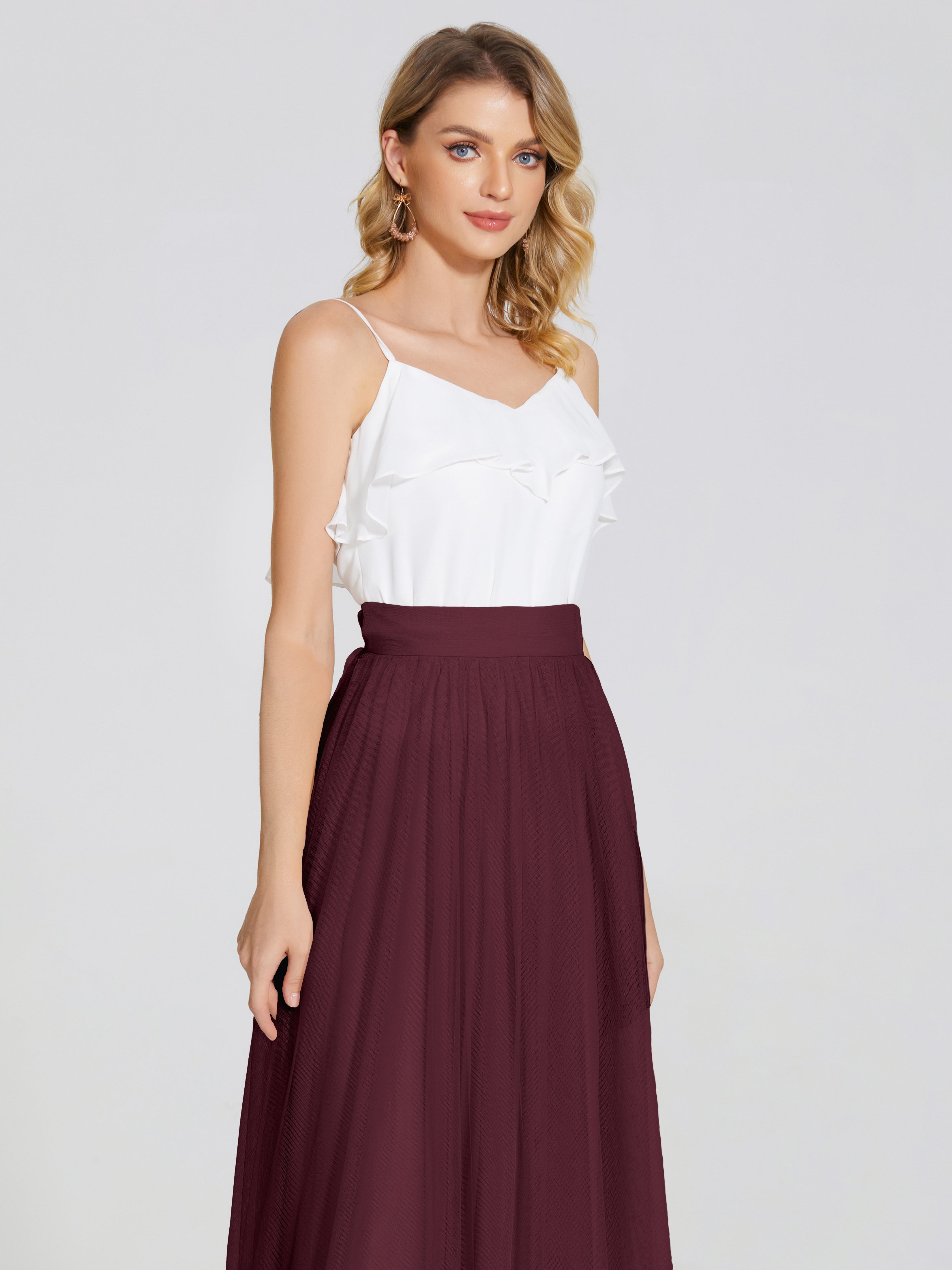 Robes De Demoiselle D'Honneur Cabernet Deux Pièces Trapèze Longue Tulle Jupe