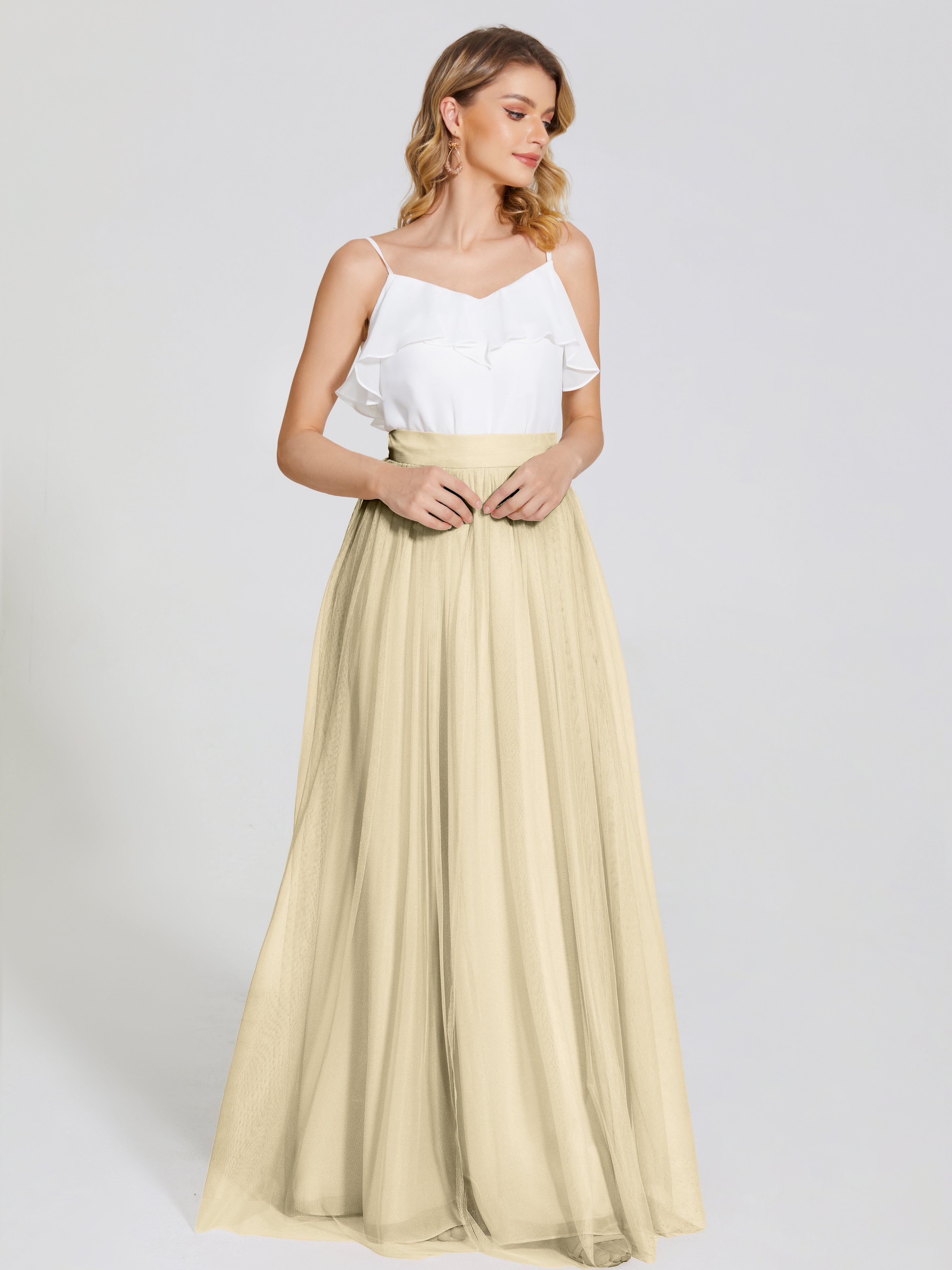 Robe Demoiselle D Honneur Couleur Champagne Deux Pièces Trapèze Longue Tulle Jupe