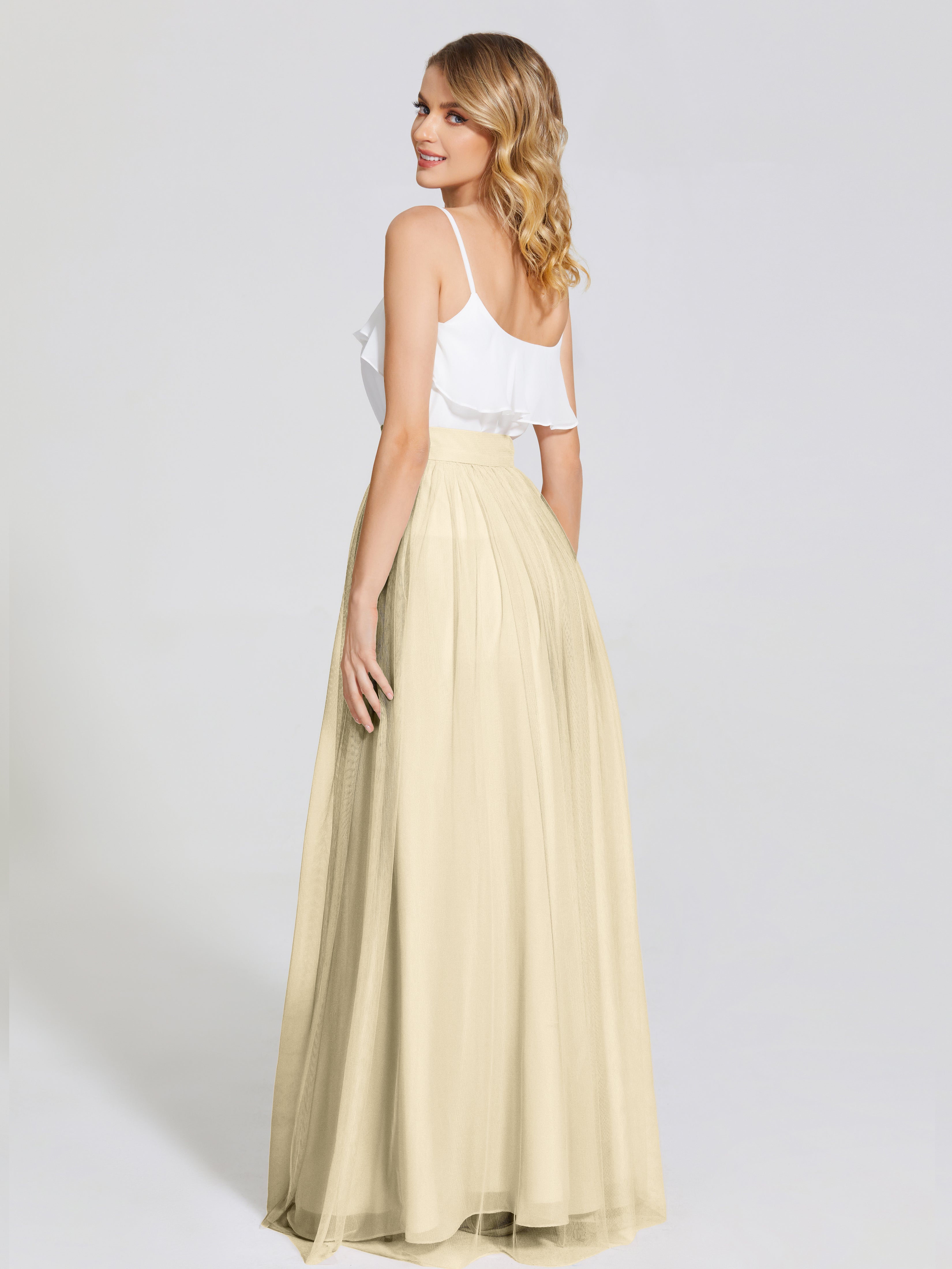 Robe Demoiselle D Honneur Couleur Champagne Deux Pièces Trapèze Longue Tulle Jupe