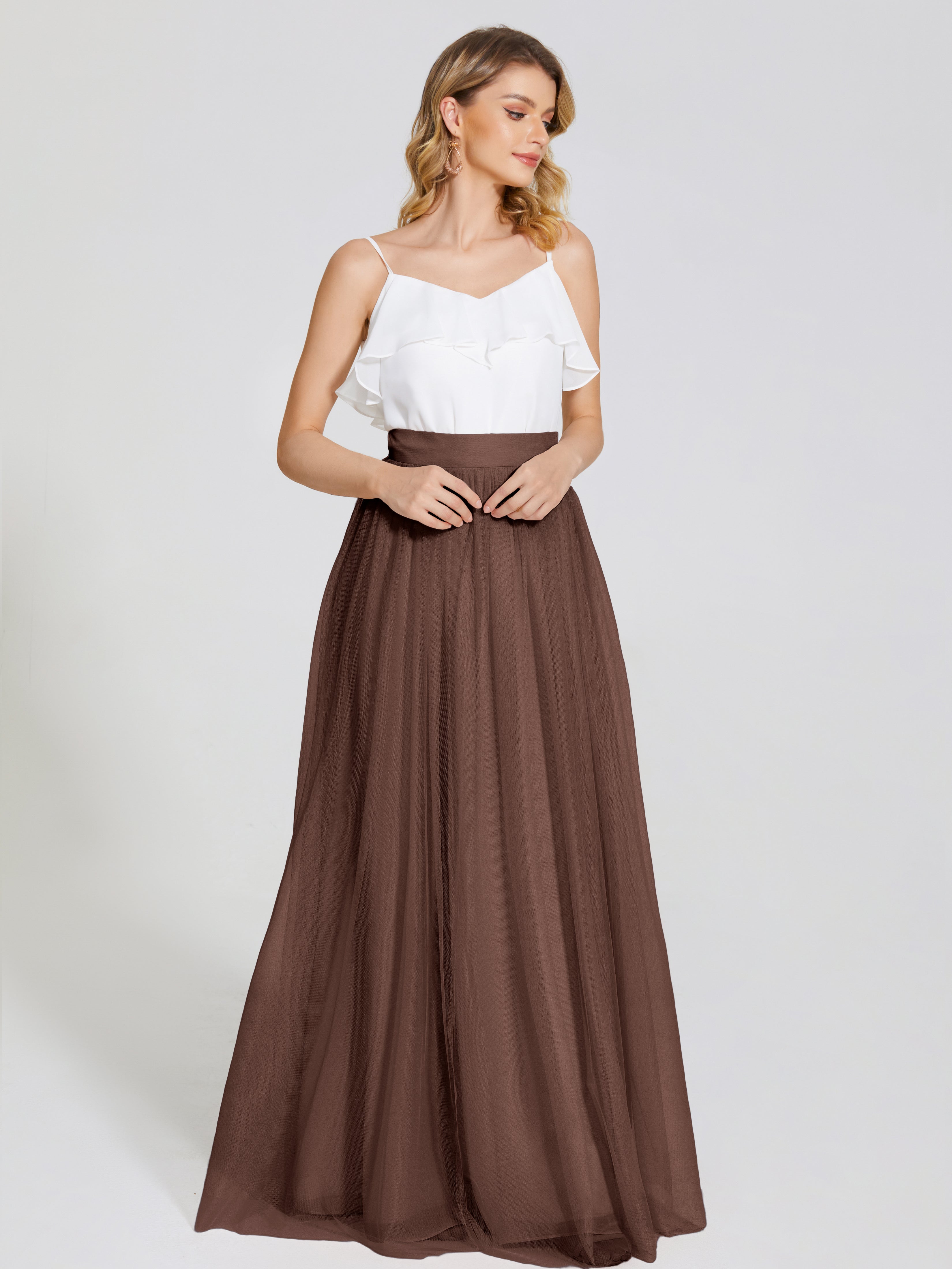 Robes De Demoiselle D'Honneur En Chocolat Deux Pièces Trapèze Longue Tulle Jupe