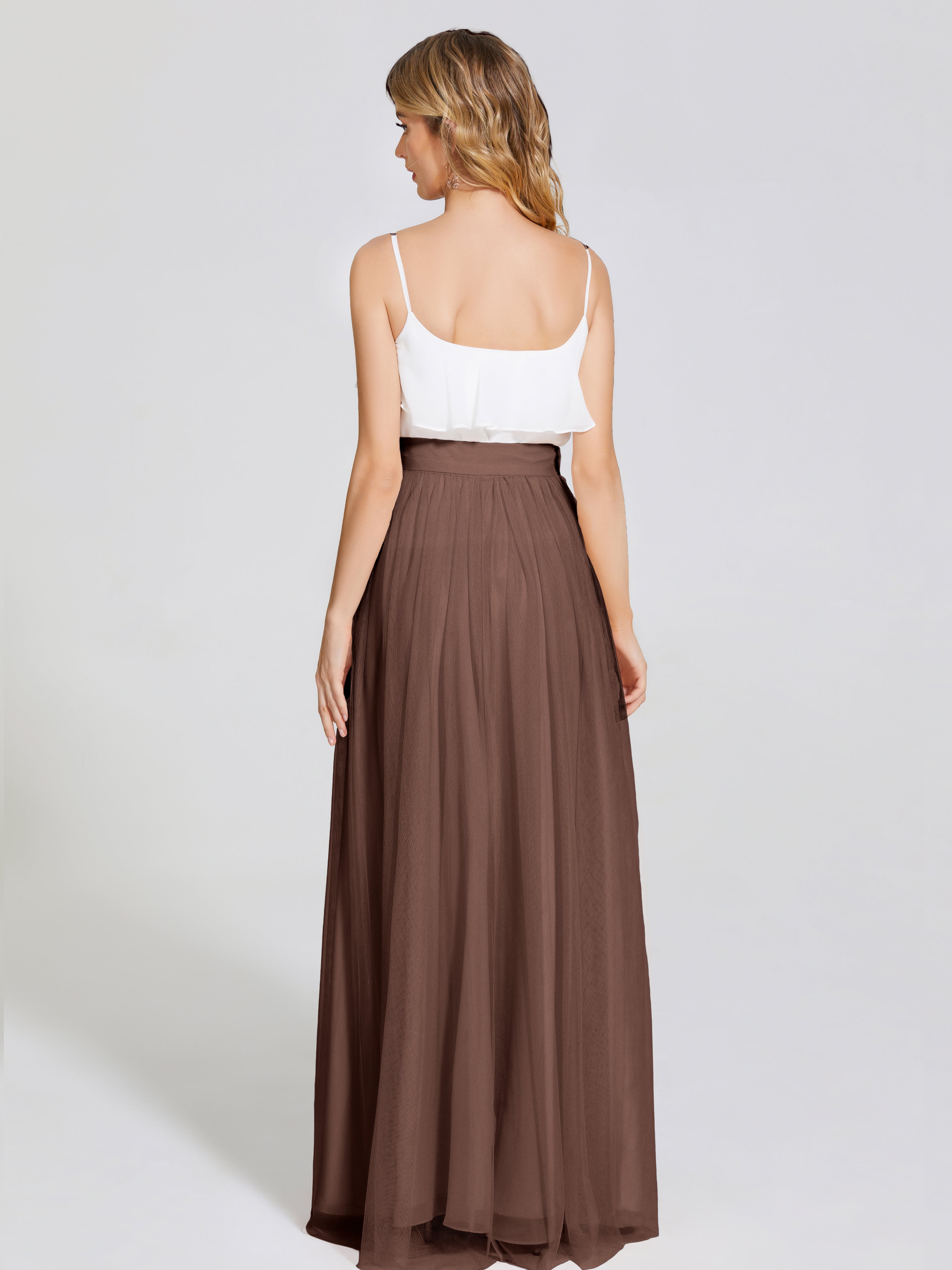 Robes De Demoiselle D'Honneur En Chocolat Deux Pièces Trapèze Longue Tulle Jupe