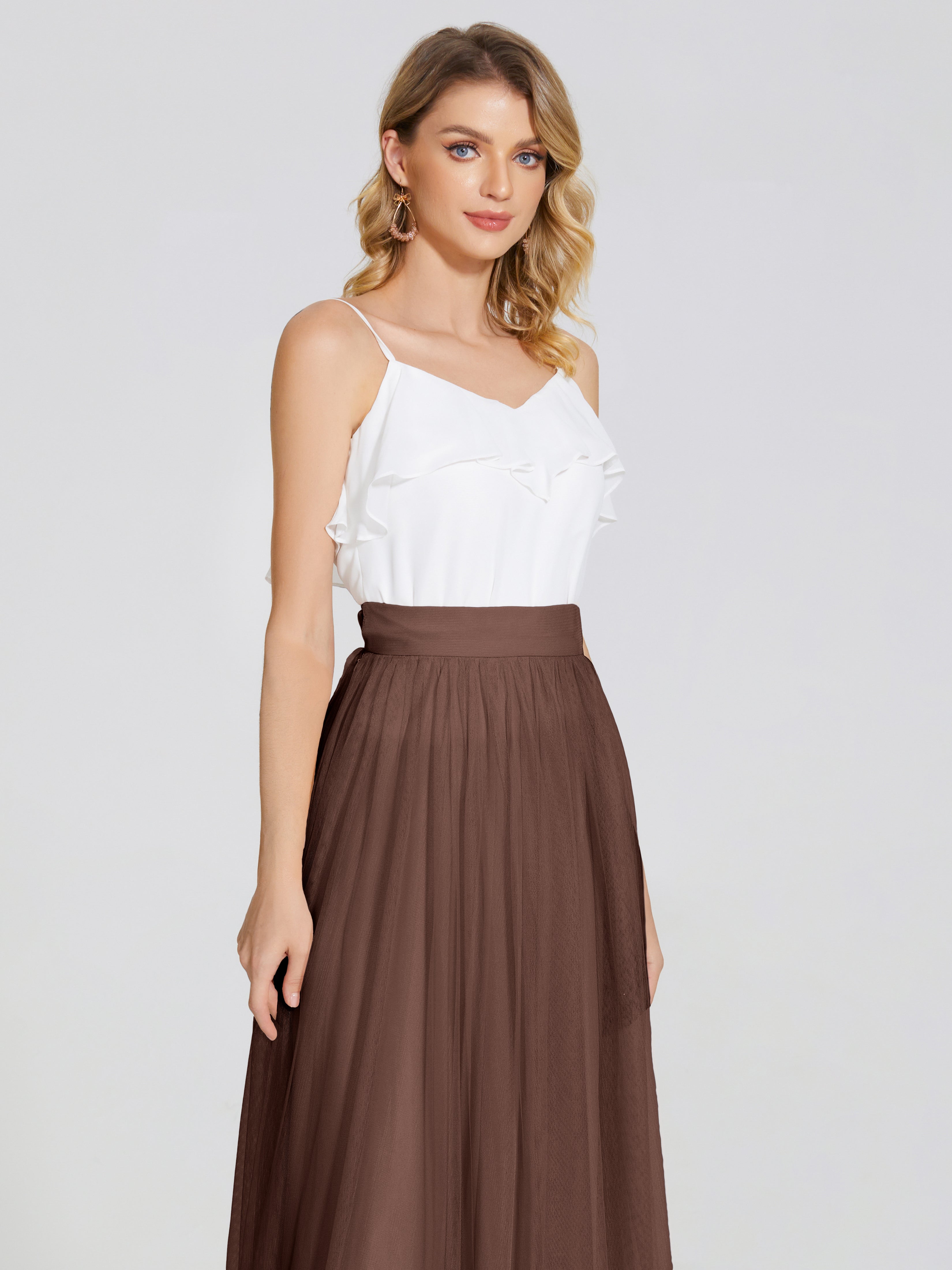 Robes De Demoiselle D'Honneur En Chocolat Deux Pièces Trapèze Longue Tulle Jupe