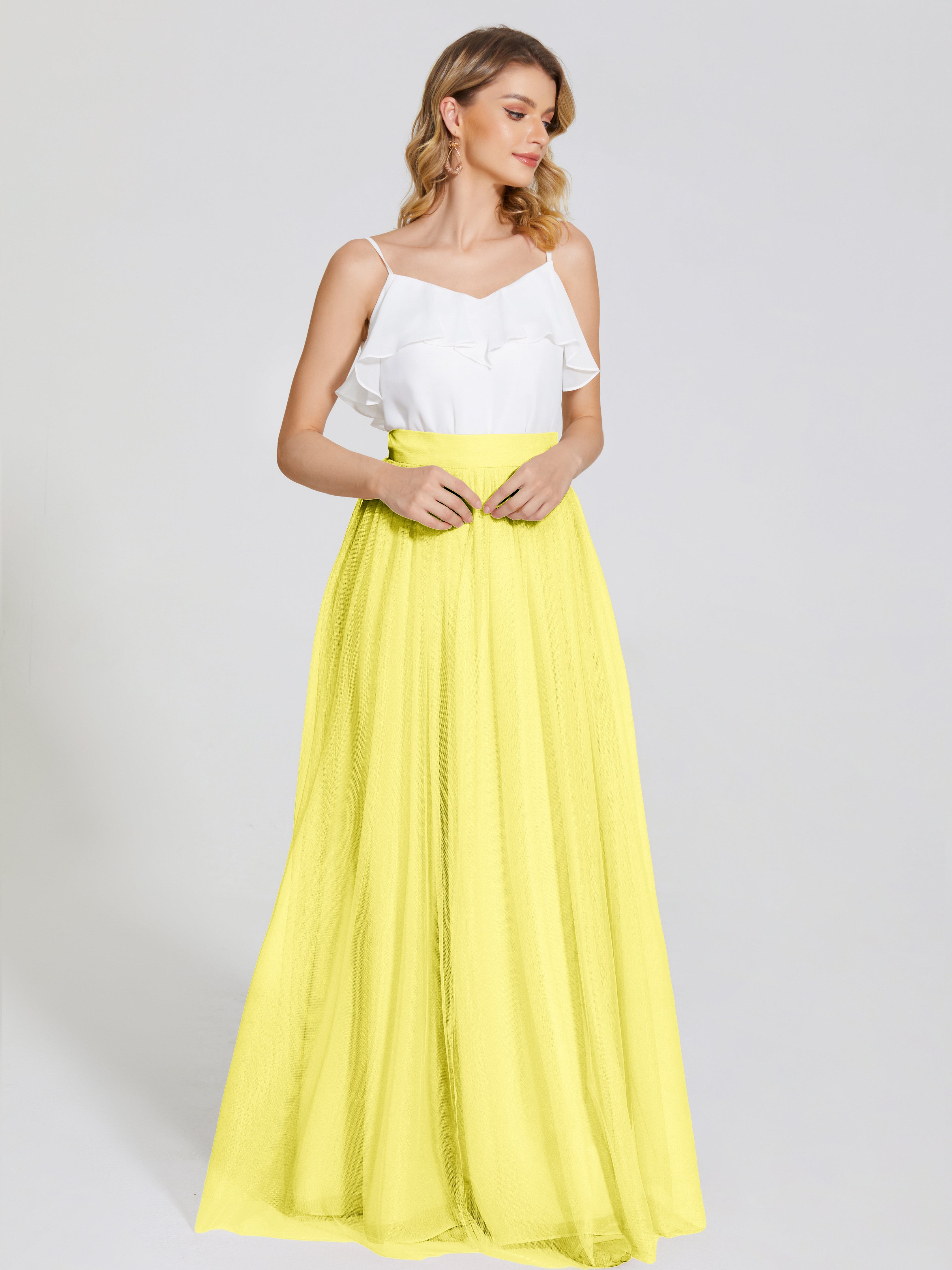 Robes De Demoiselle D'Honneur Citron Deux Pièces Trapèze Longue Tulle Jupe