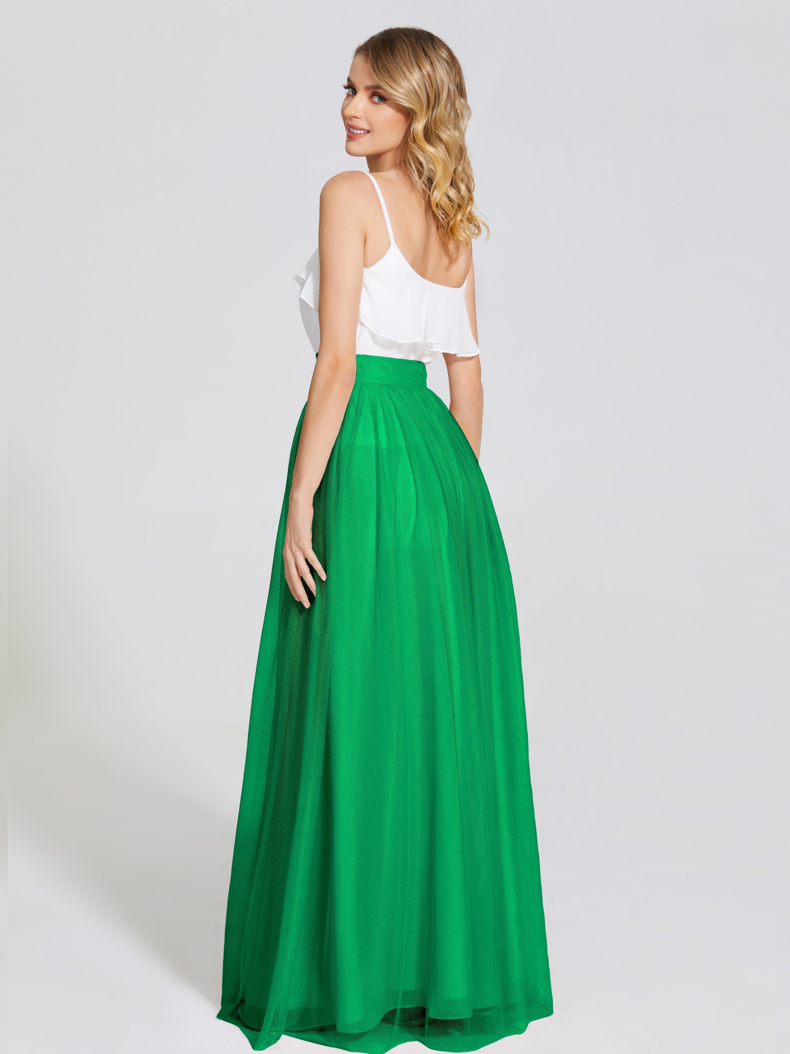 Robe Demoiselle D Honneur Vert Émeraude Deux Pièces Trapèze Longue Tulle Jupe