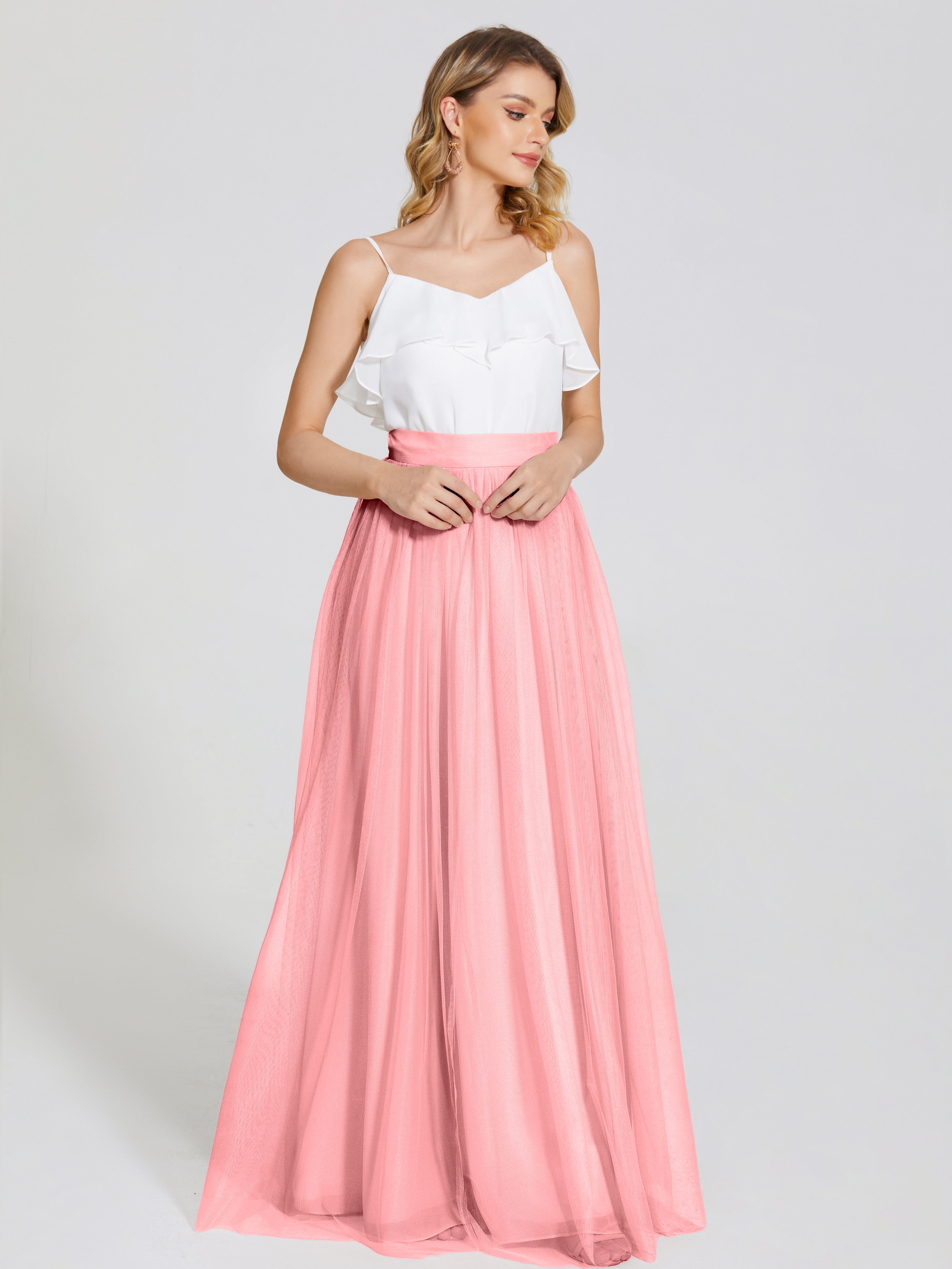 Robes De Demoiselle D'Honneur En Flamant Deux Pièces Trapèze Longue Tulle Jupe