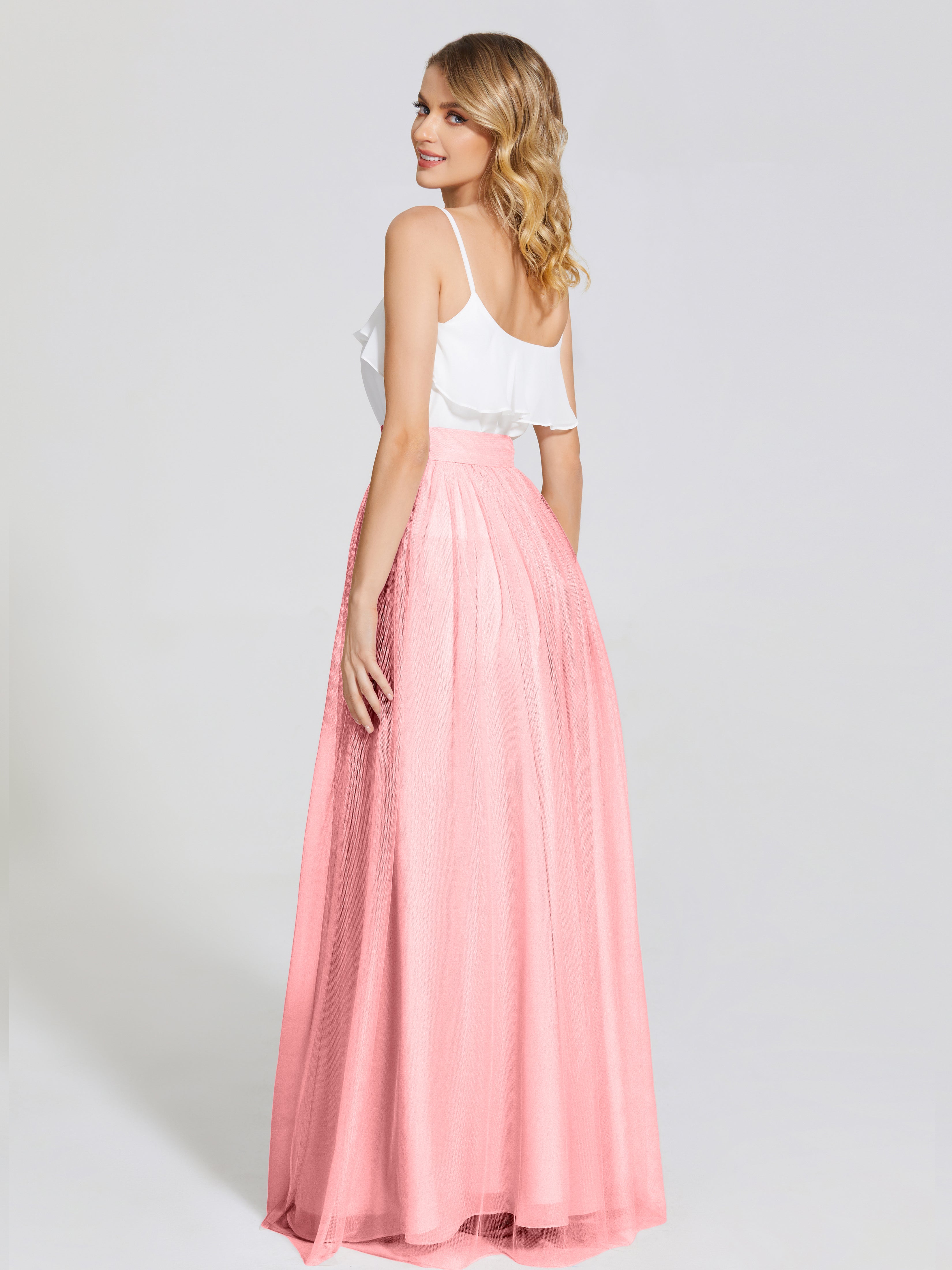 Robes De Demoiselle D'Honneur En Flamant Deux Pièces Trapèze Longue Tulle Jupe