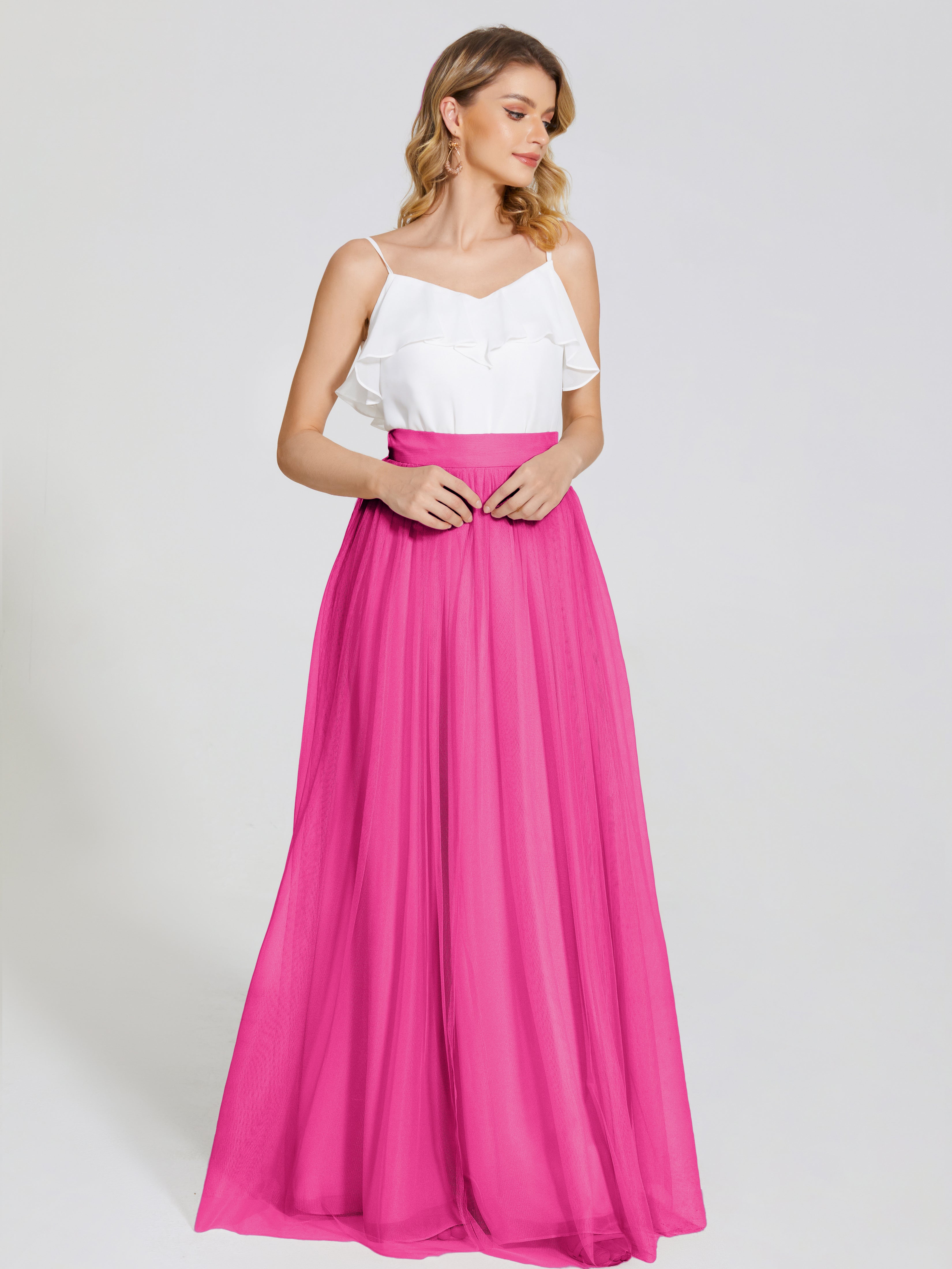 Robe Demoiselle D Honneur Rose Fuchsia Deux Pièces Trapèze Longue Tulle Jupe