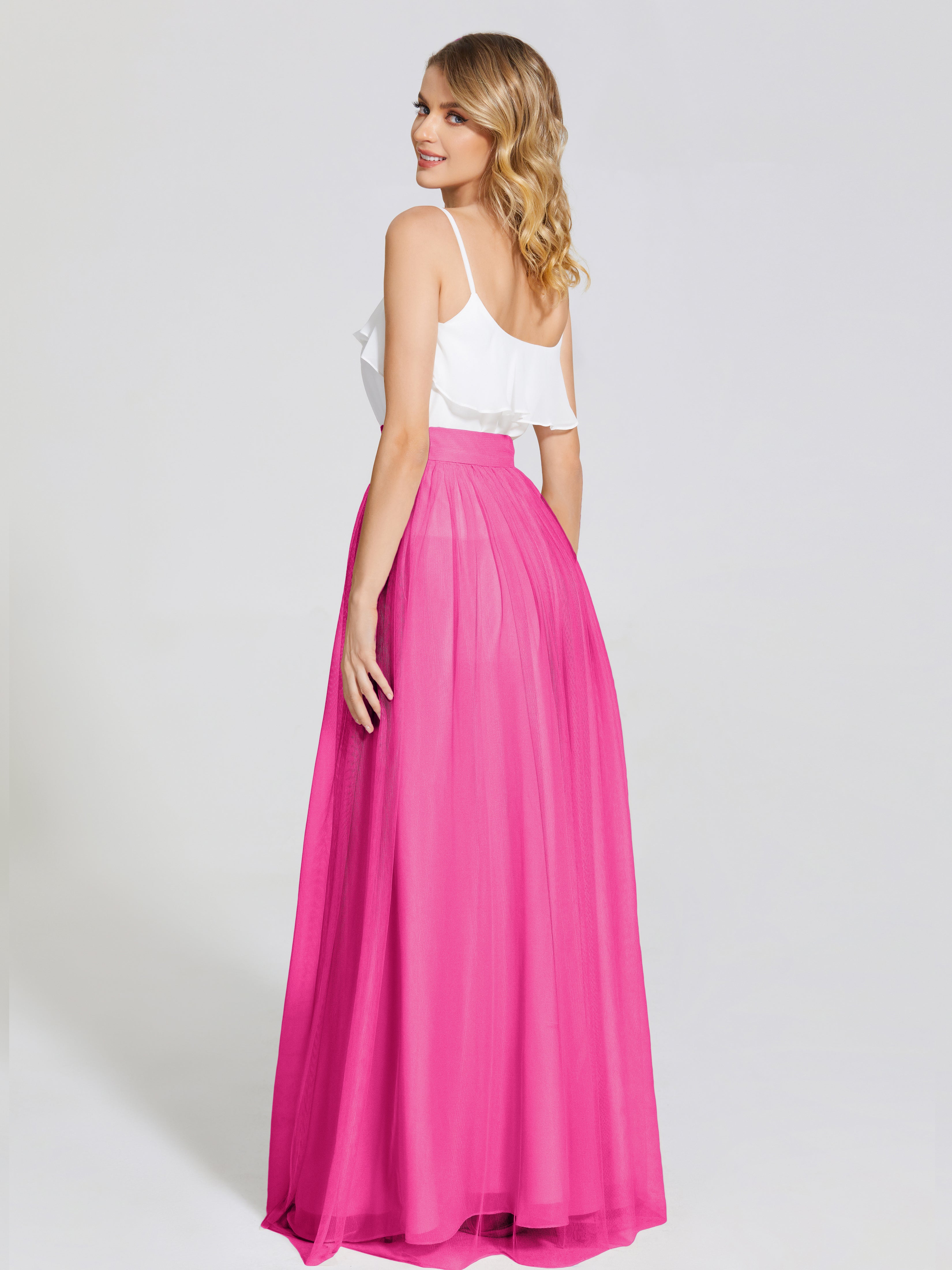 Robe Demoiselle D Honneur Rose Fuchsia Deux Pièces Trapèze Longue Tulle Jupe