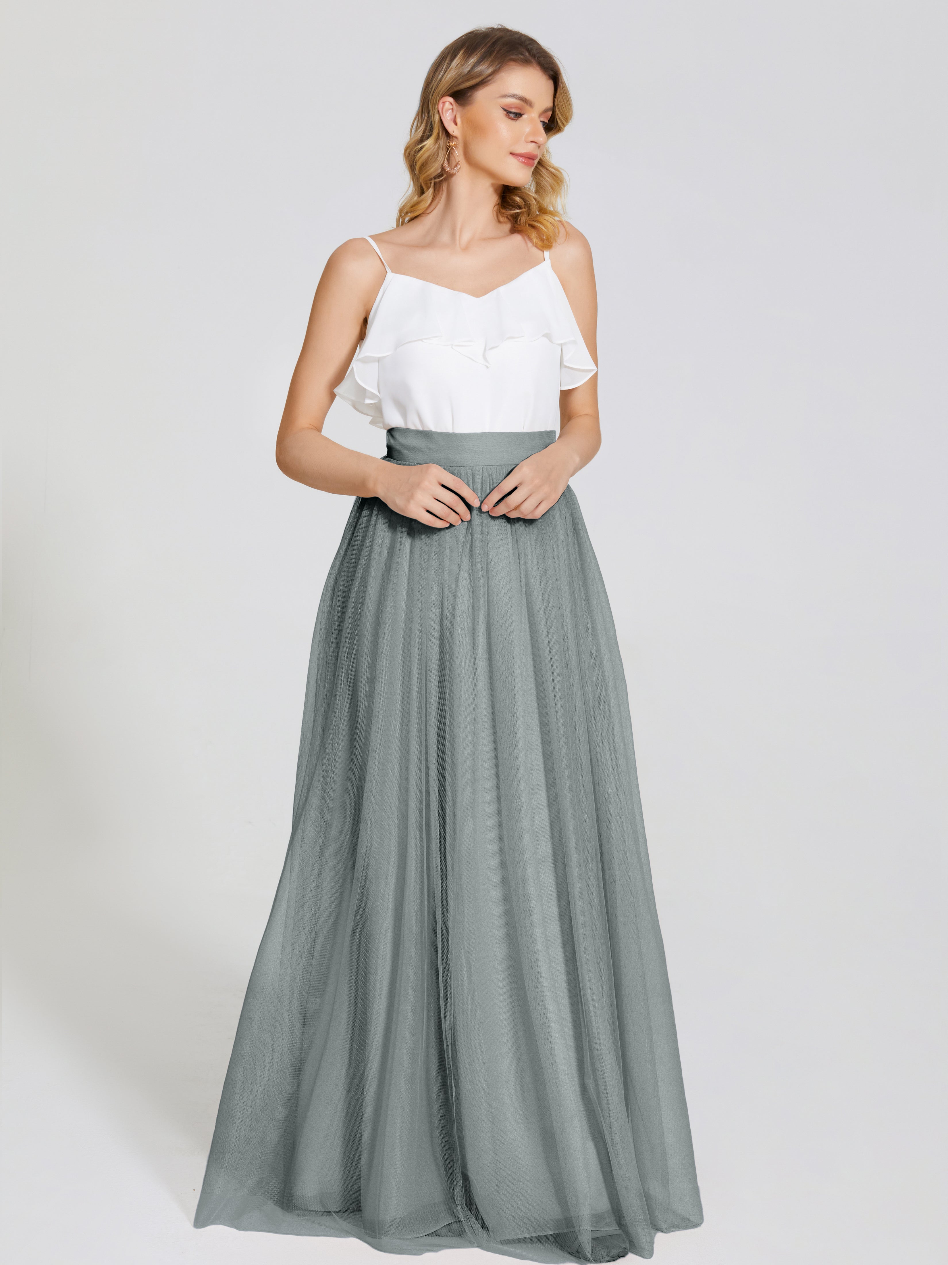 Demoiselle D Honneur Robe Grise Deux Pièces Trapèze Longue Tulle Jupe