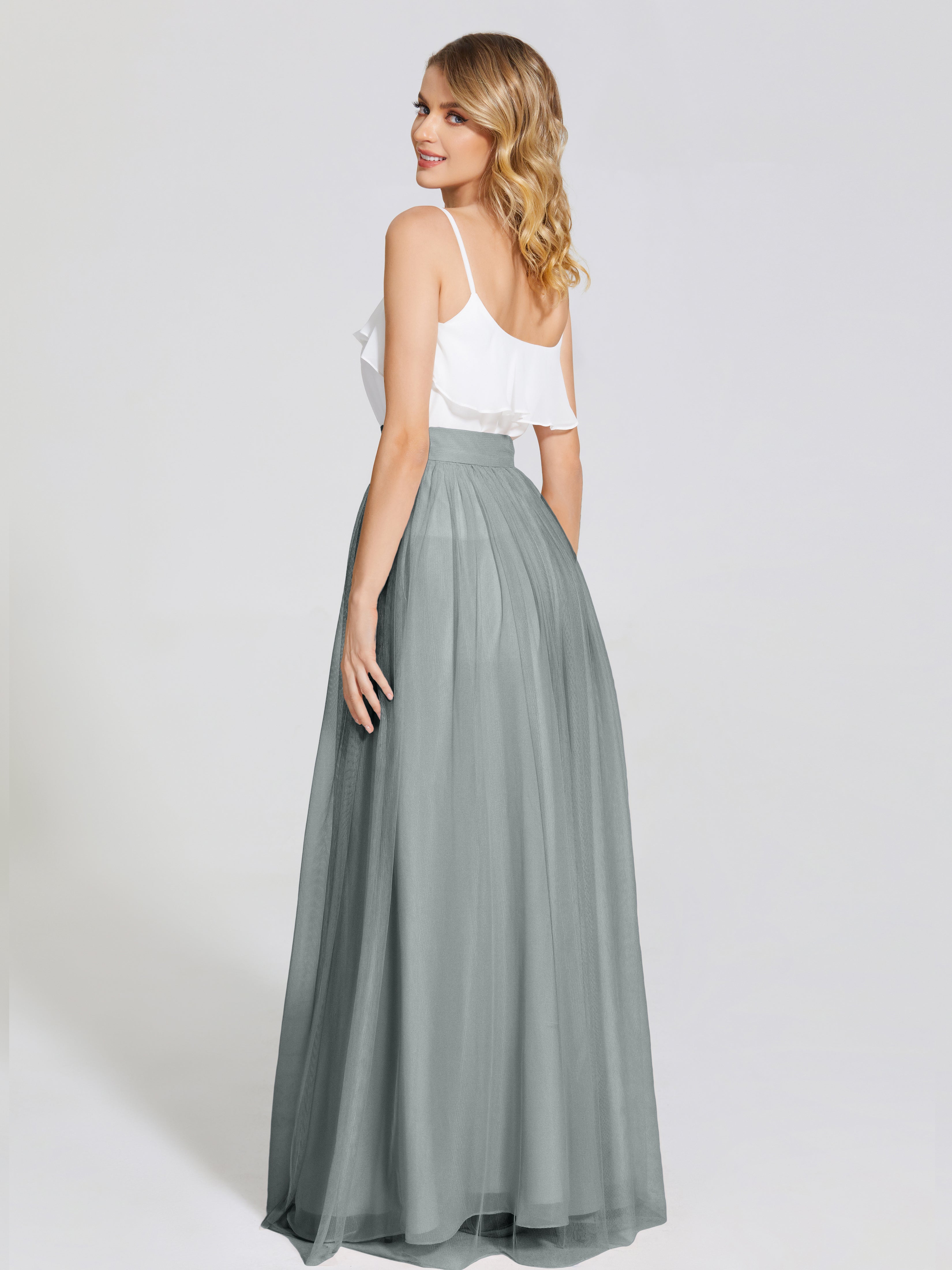 Demoiselle D Honneur Robe Grise Deux Pièces Trapèze Longue Tulle Jupe